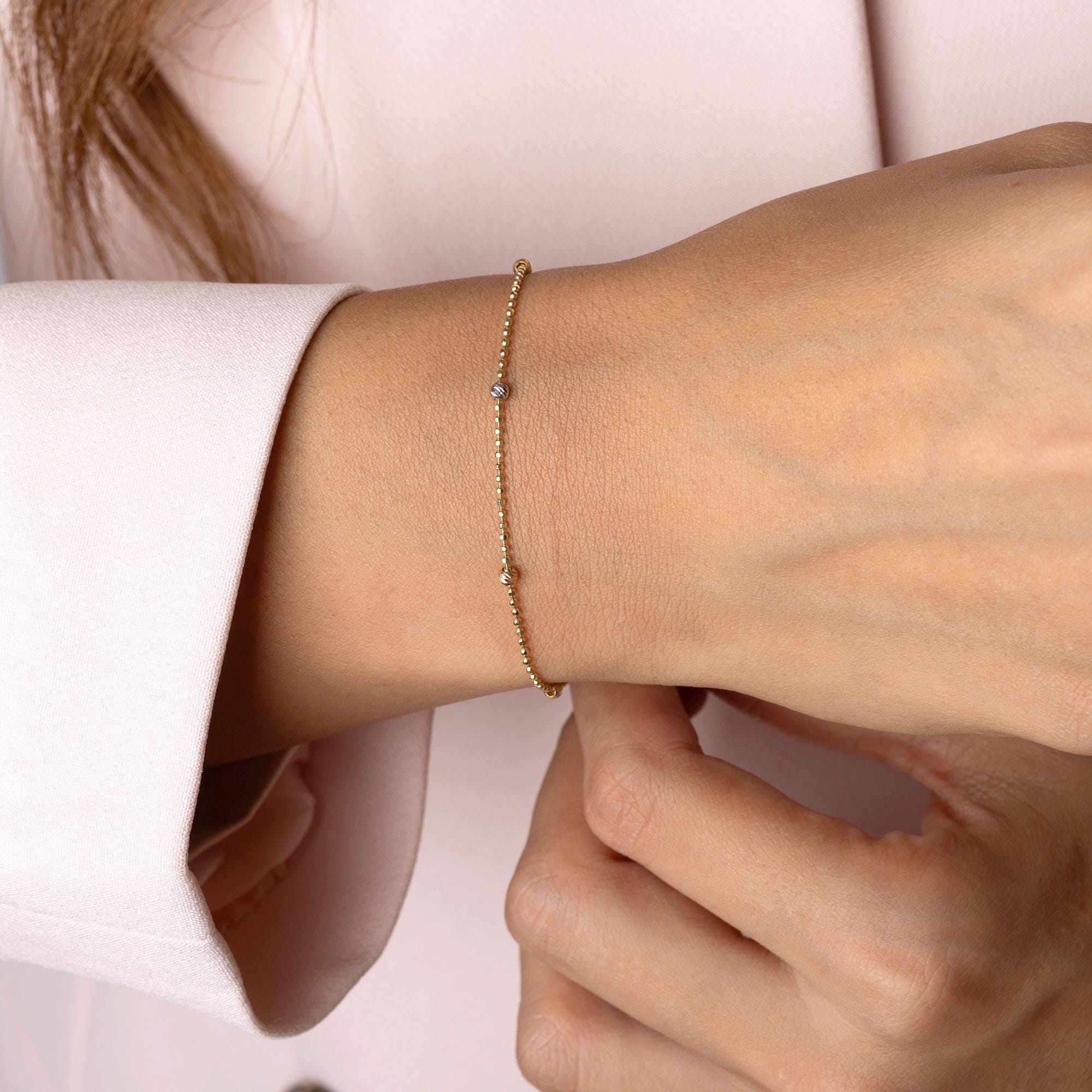 14K Solid Gold Beaded Chain Bracelet – Dainty Dorika Design Chain