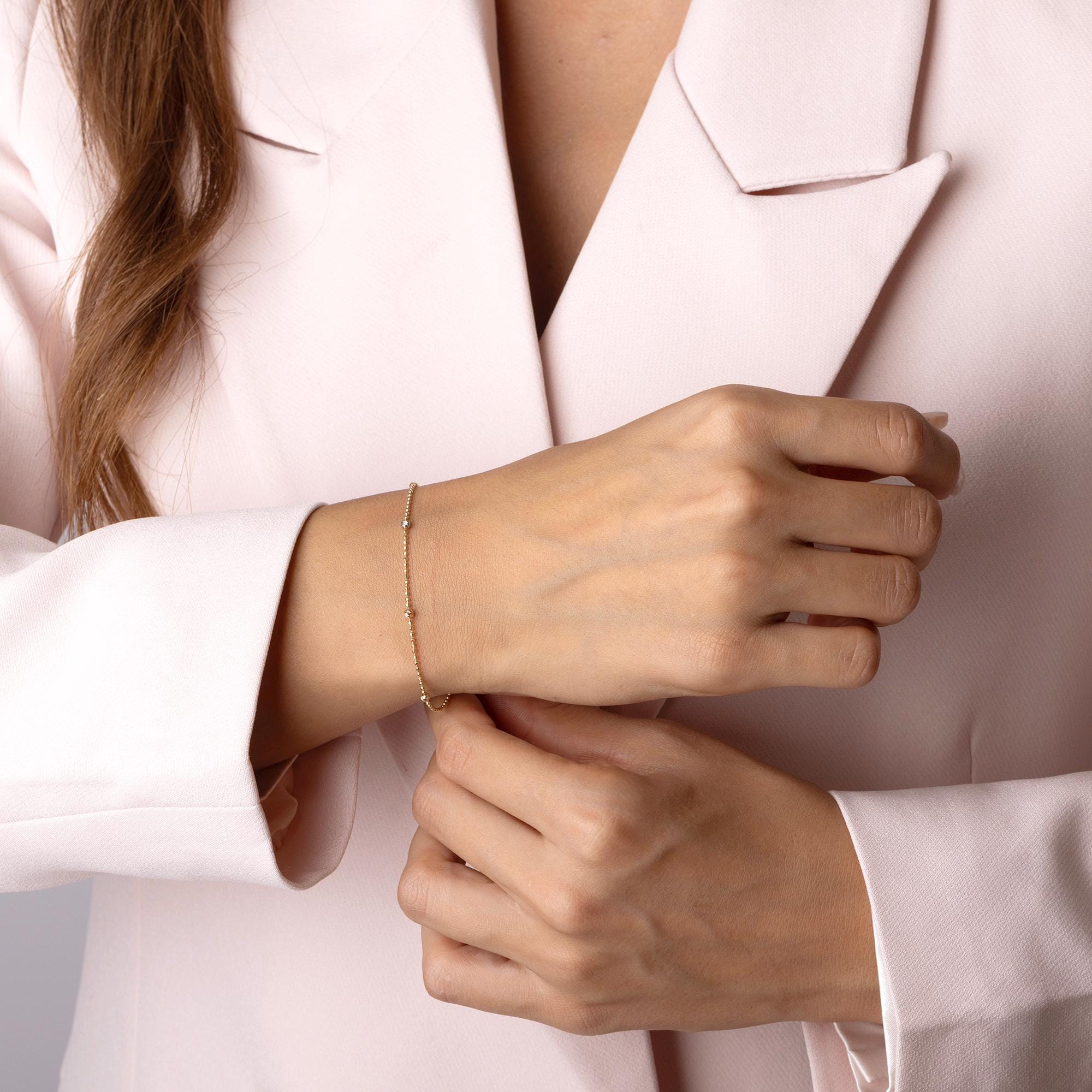 14K Solid Gold Beaded Chain Bracelet – Dainty Dorika Design Chain