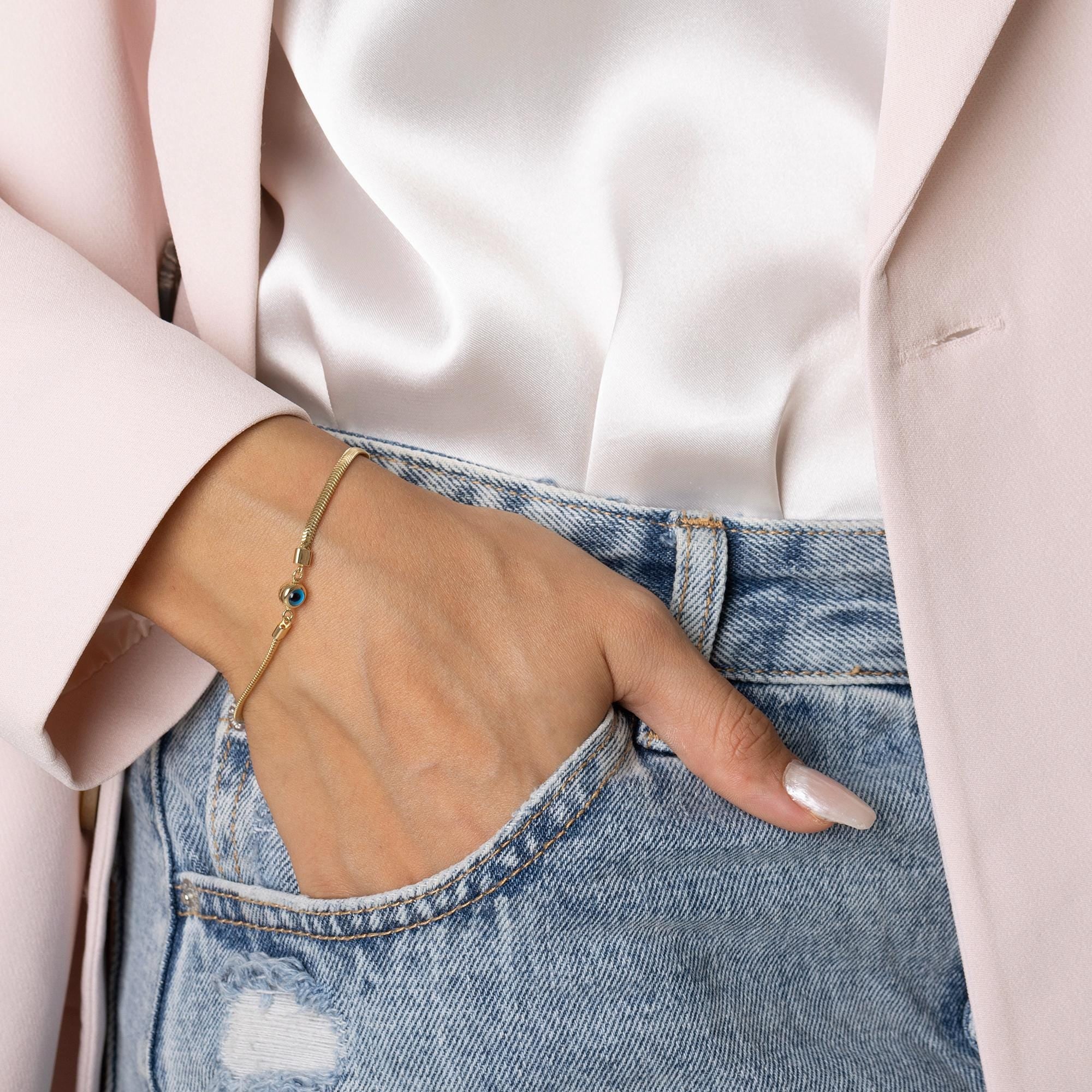 14K Solid Gold Evil Eye Bracelet - Blue Enamel Eye Charm Bracelet