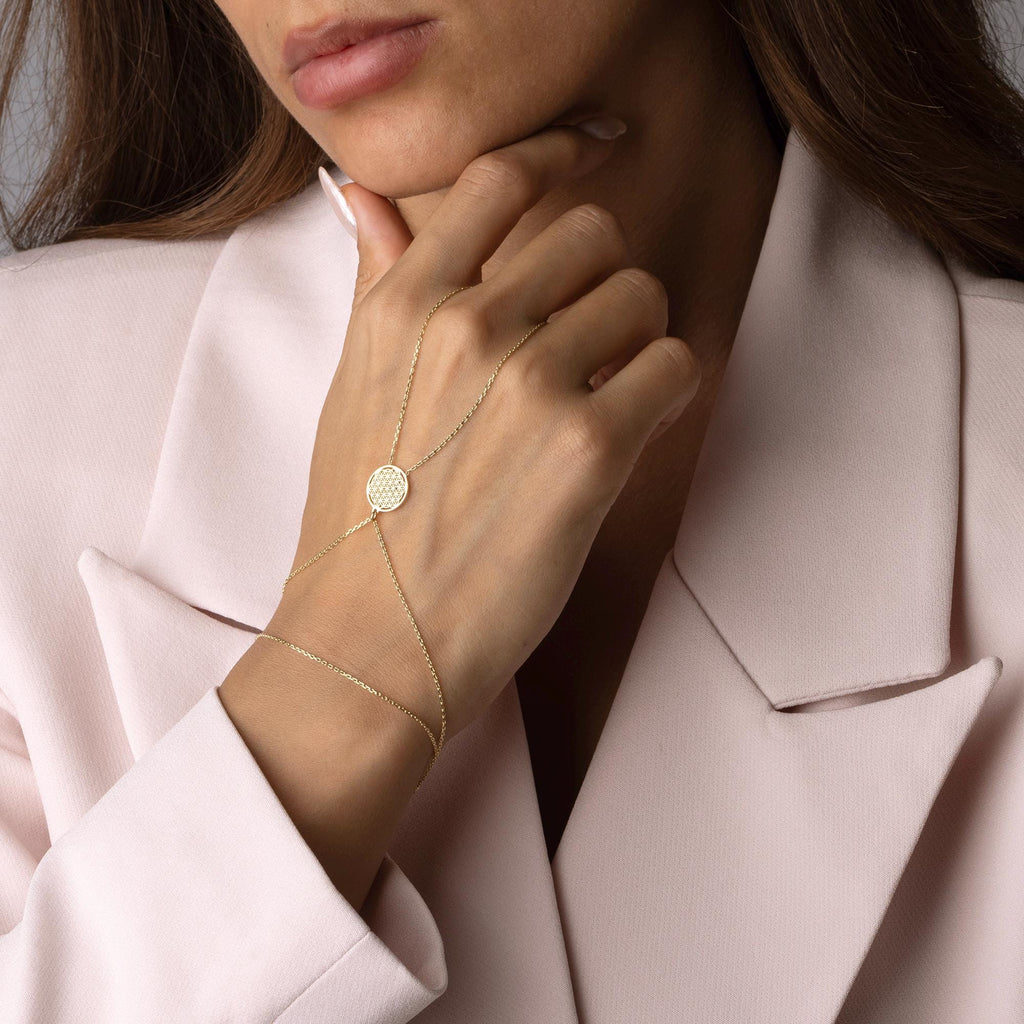 14K Solid Gold Hand Chain Bracelet - Real Gold Round Coin Charm