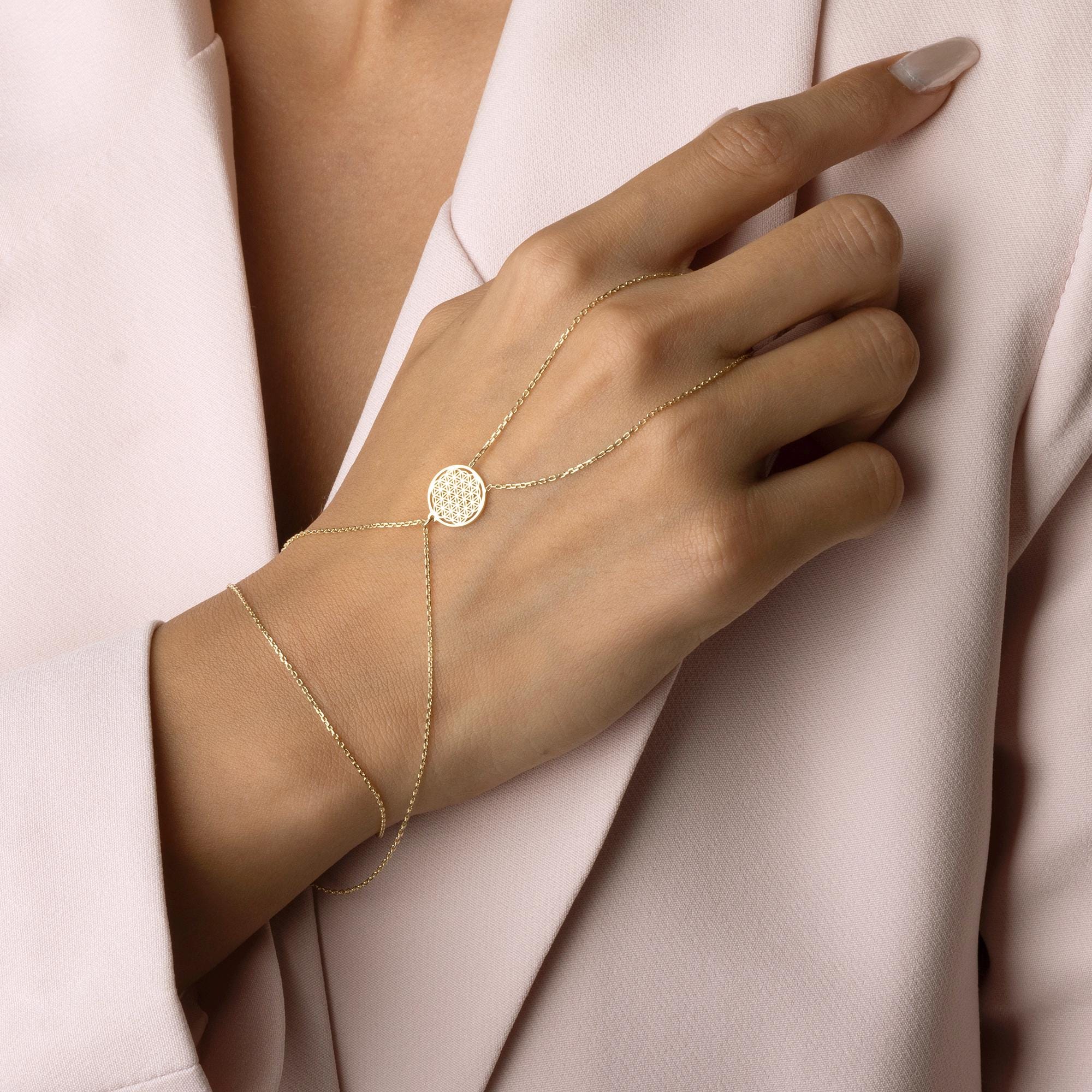 14K Solid Gold Hand Chain Bracelet - Real Gold Round Coin Charm