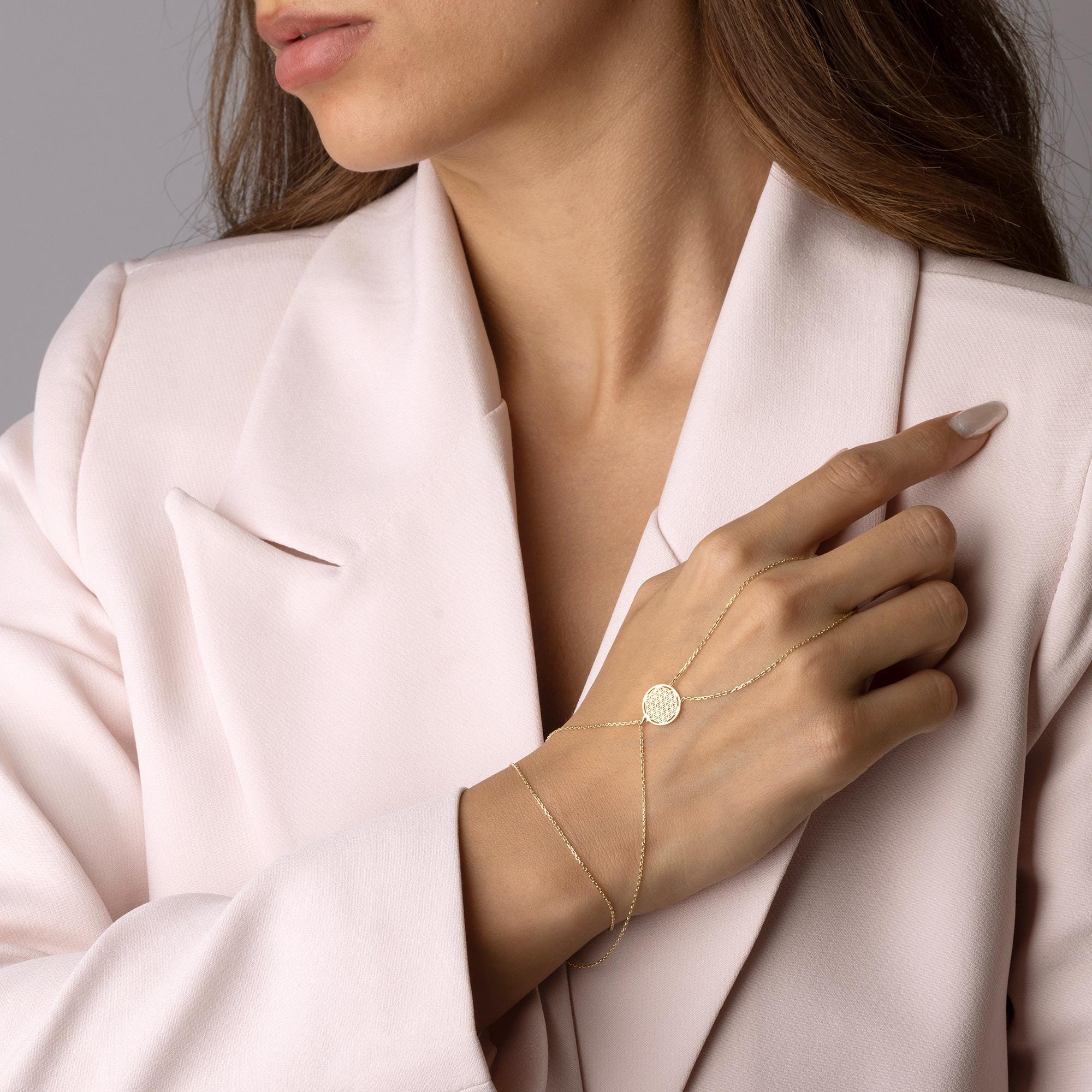 14K Solid Gold Hand Chain Bracelet - Real Gold Round Coin Charm