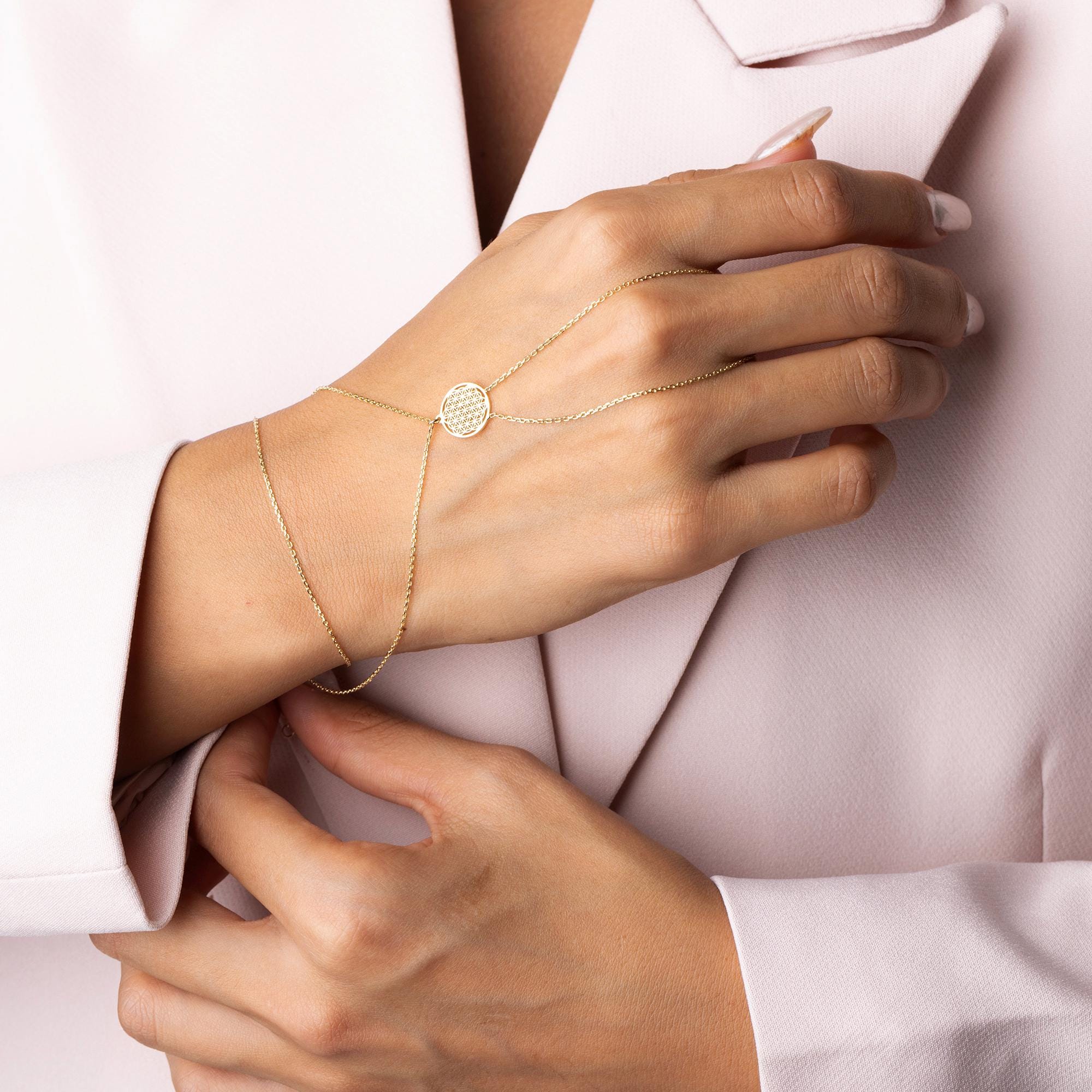 14K Solid Gold Hand Chain Bracelet - Real Gold Round Coin Charm