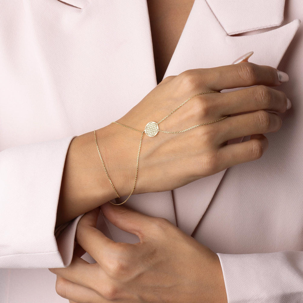 14K Solid Gold Hand Chain Bracelet - Real Gold Round Coin Charm