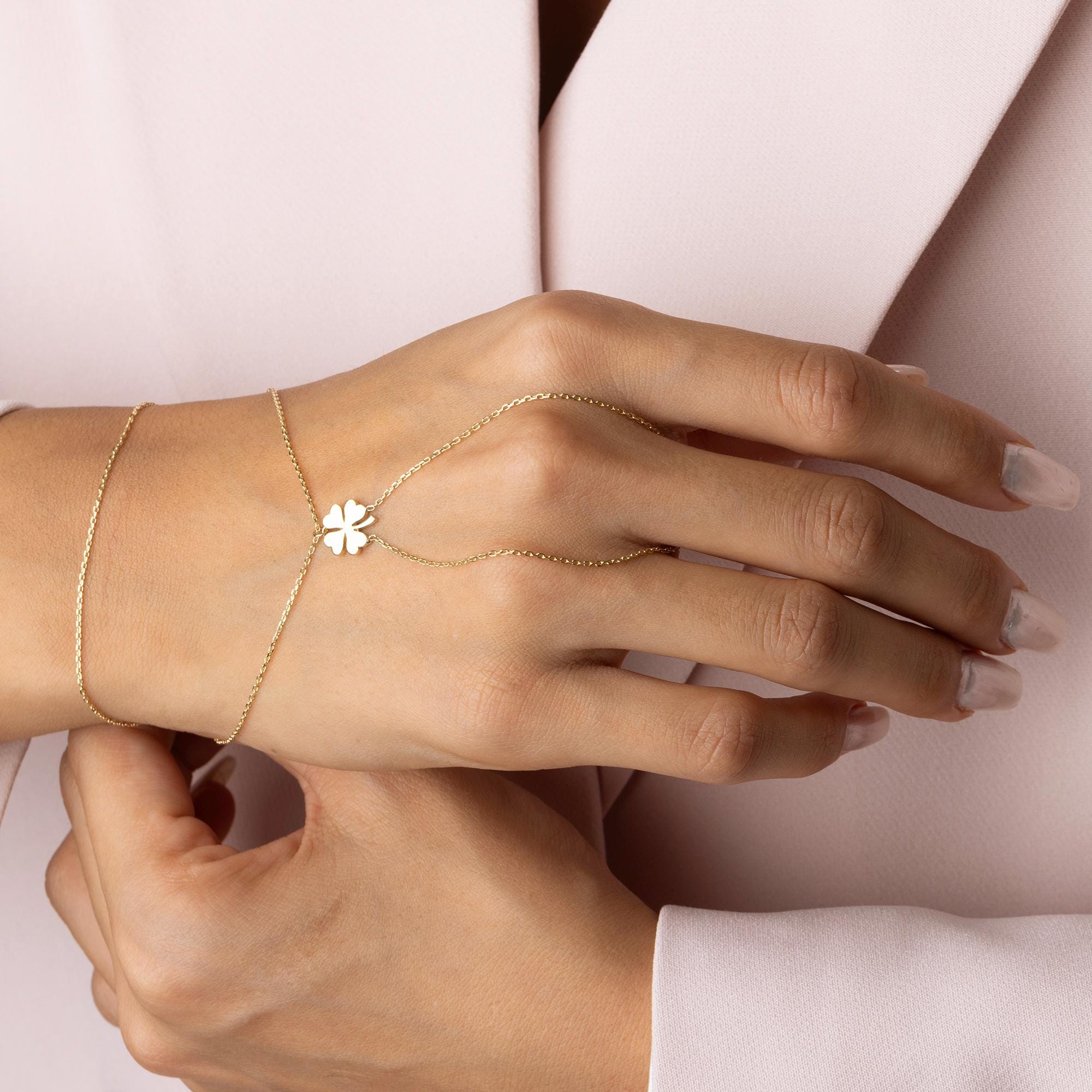 14K Solid Gold Hand Chain Bracelet - Real Gold Clover Charm Jewelry