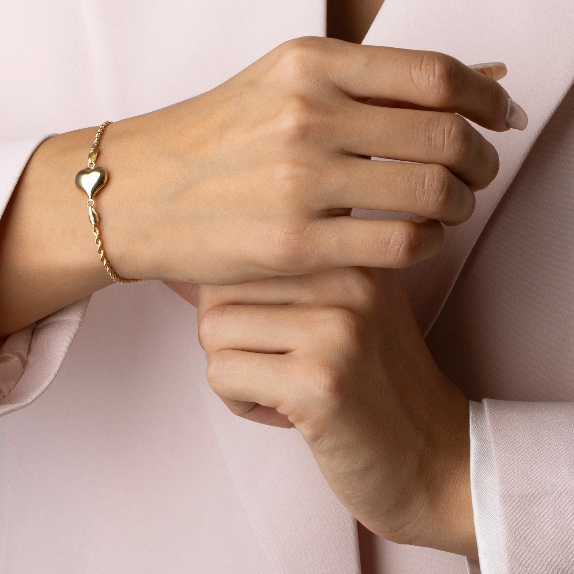 14K Solid Gold Heart Bracelet - Real Gold Dainty Chain Jewelry