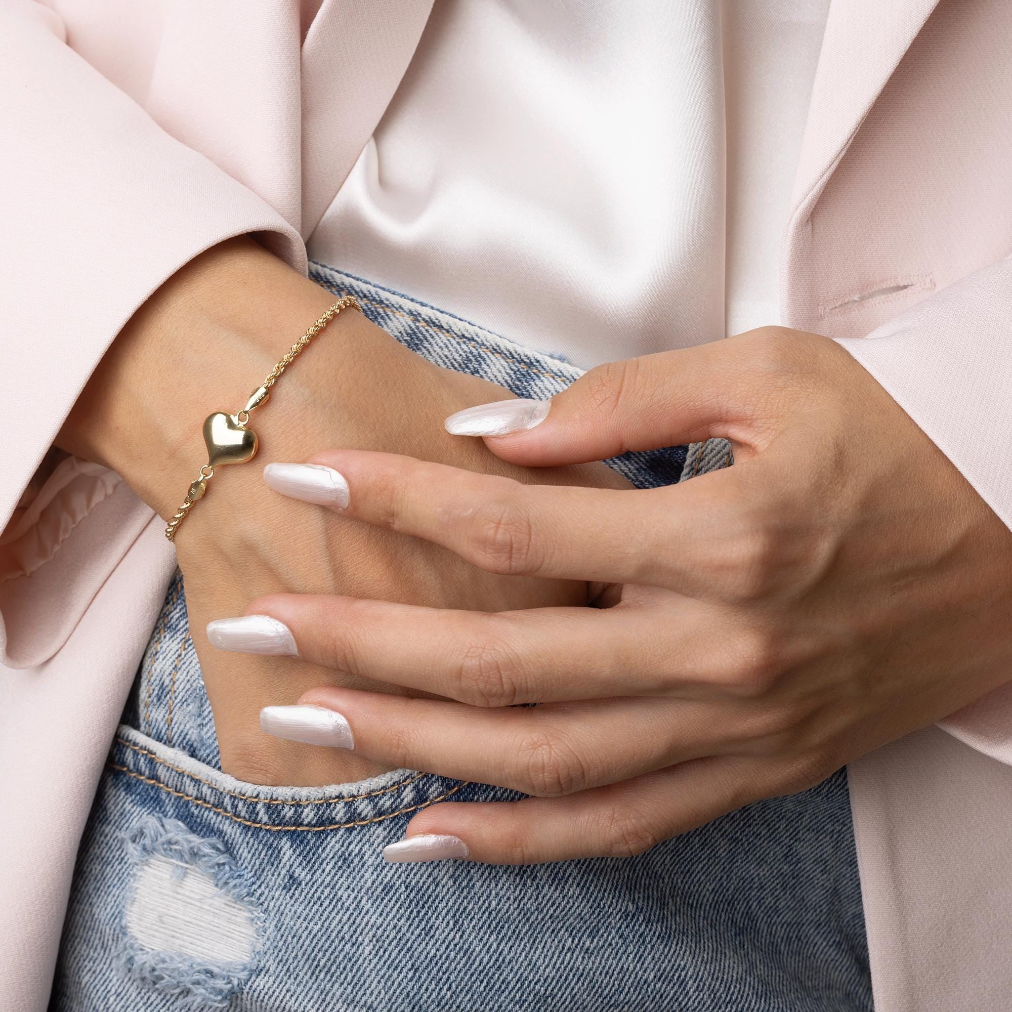 14K Solid Gold Heart Bracelet - Real Gold Dainty Chain Jewelry