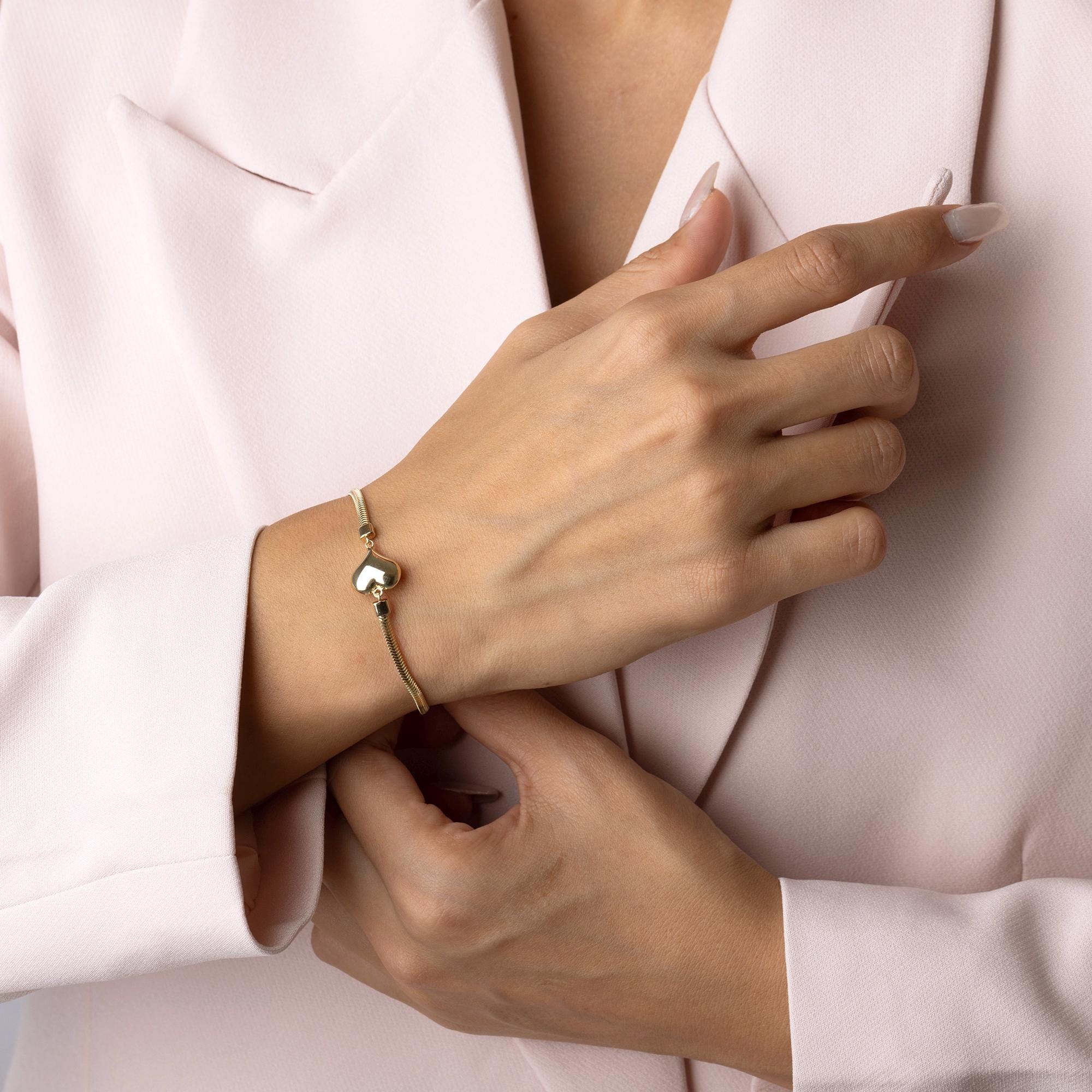 14K Solid Gold Puffy Heart Bracelet - Real Gold Charm Chain