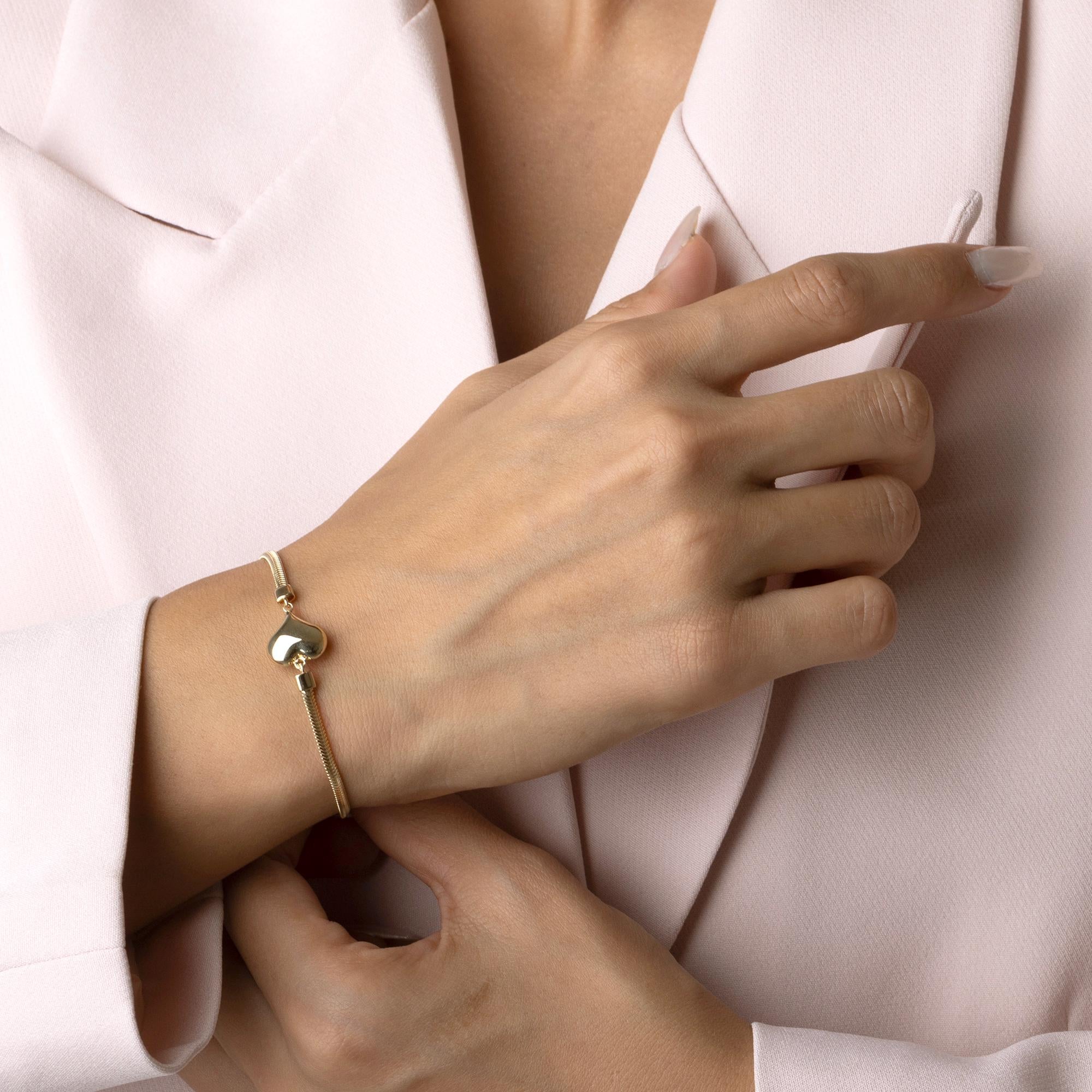 14K Solid Gold Puffy Heart Bracelet - Real Gold Charm Chain