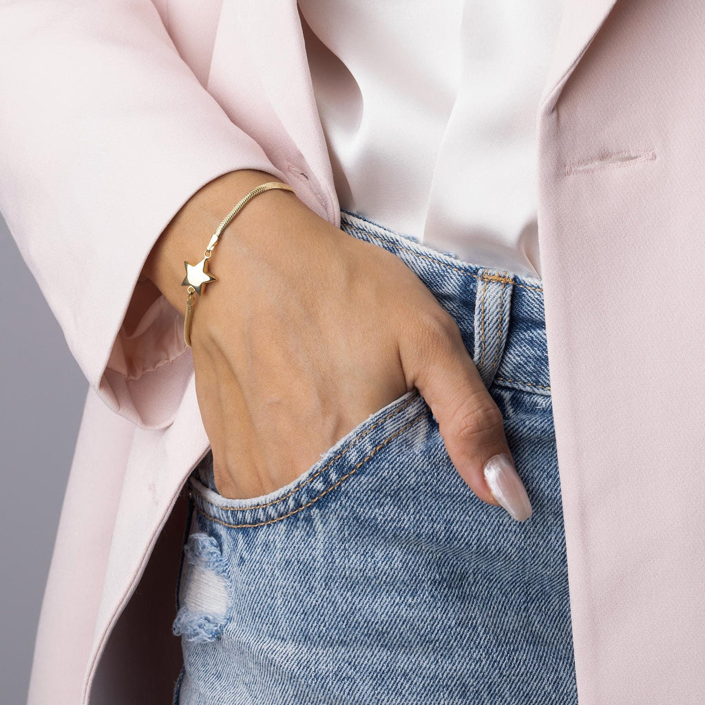 14K Solid Gold Star Bracelet - Real Gold Charm Jewelry
