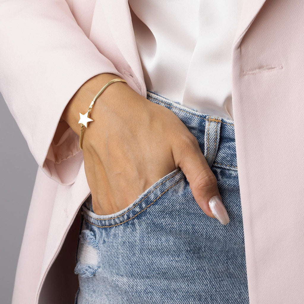 14K Solid Gold Star Bracelet - Real Gold Charm Jewelry