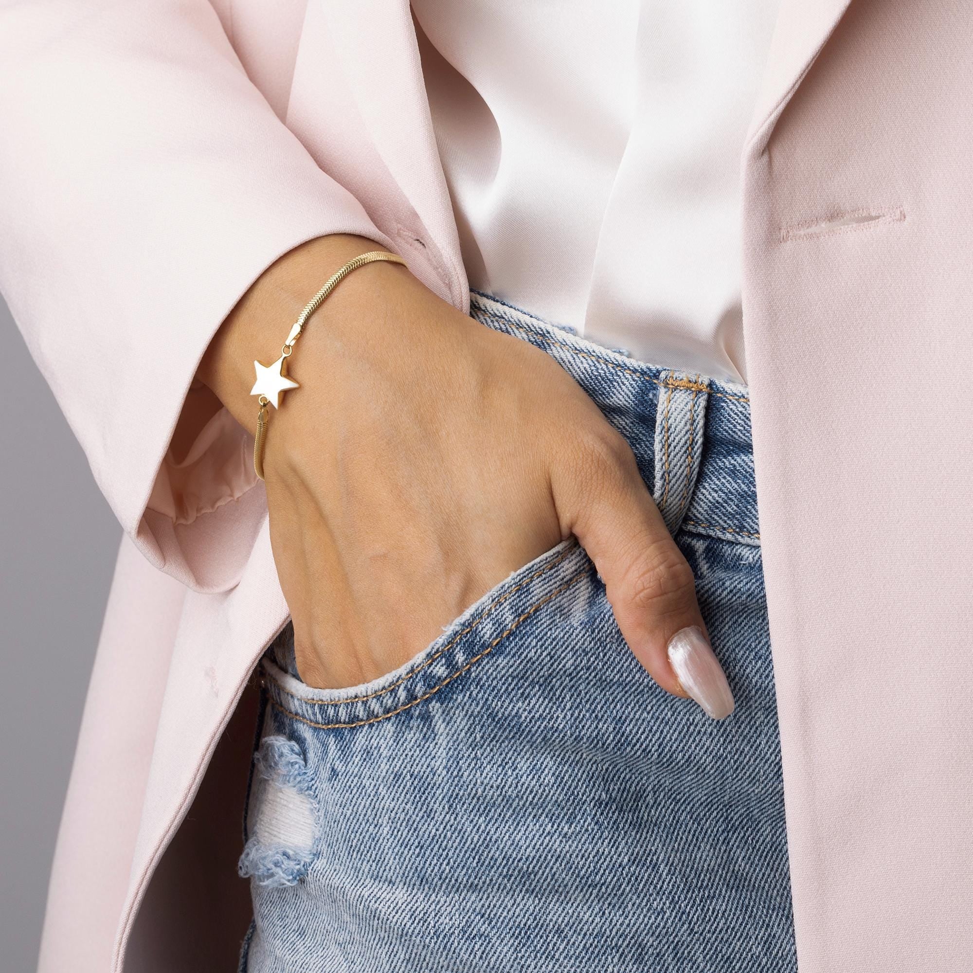 14K Solid Gold Star Bracelet - Real Gold Charm Jewelry