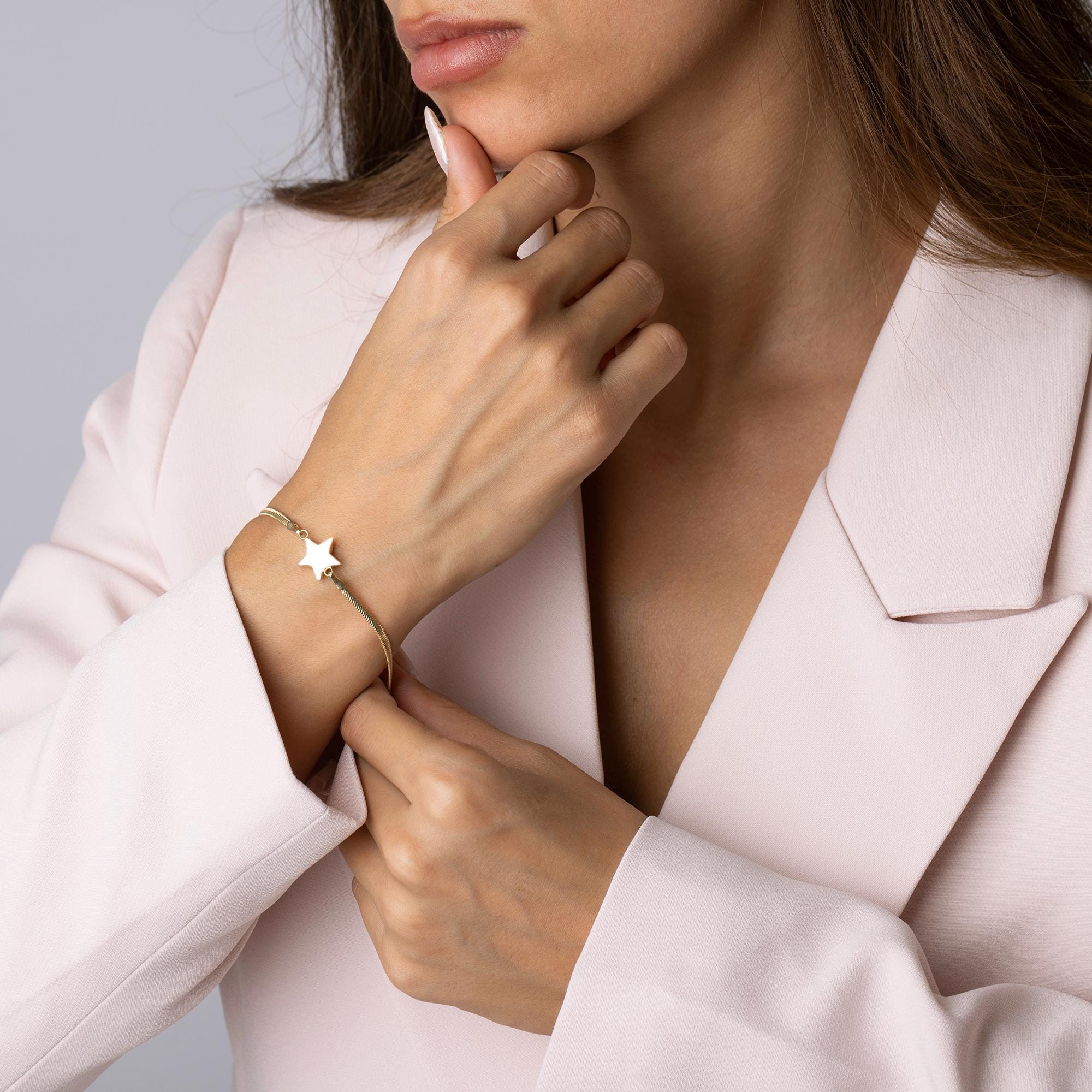 14K Solid Gold Star Bracelet - Real Gold Charm Jewelry