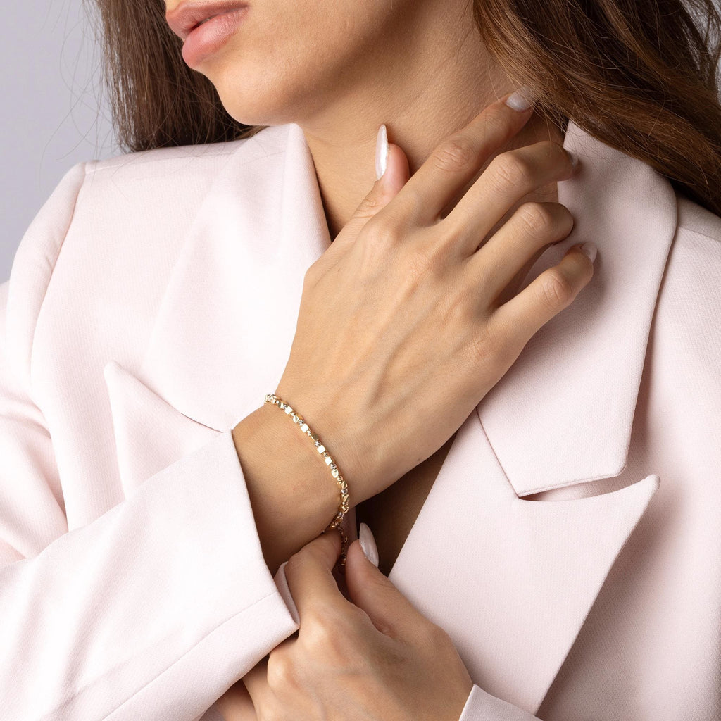 14K Solid Gold Diamond Cut Bracelet - Elegant Handmade Jewelry