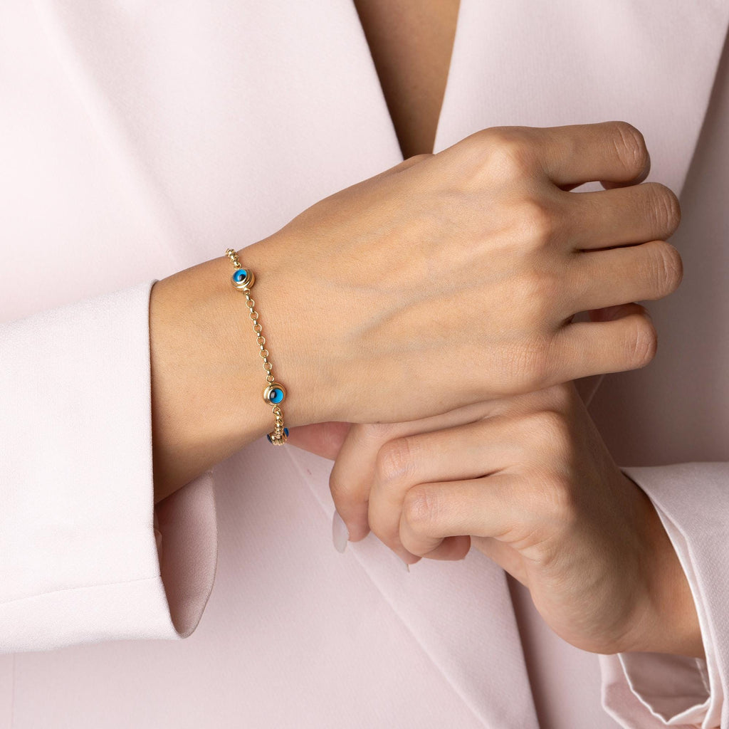 14K Solid Gold Evil Eye Bracelet - Real Gold Blue Bead Jewelry