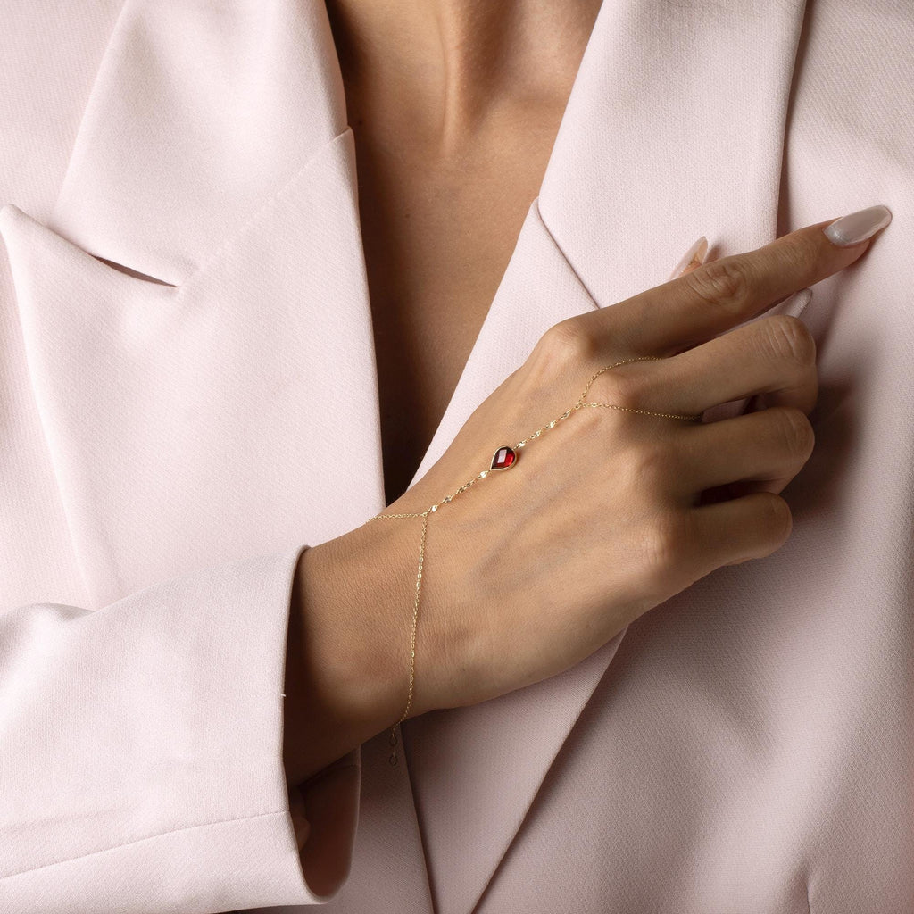 14K Solid Gold Multicolor Hand Chain Bracelet - Red Green Blue Gemstone Jewelry