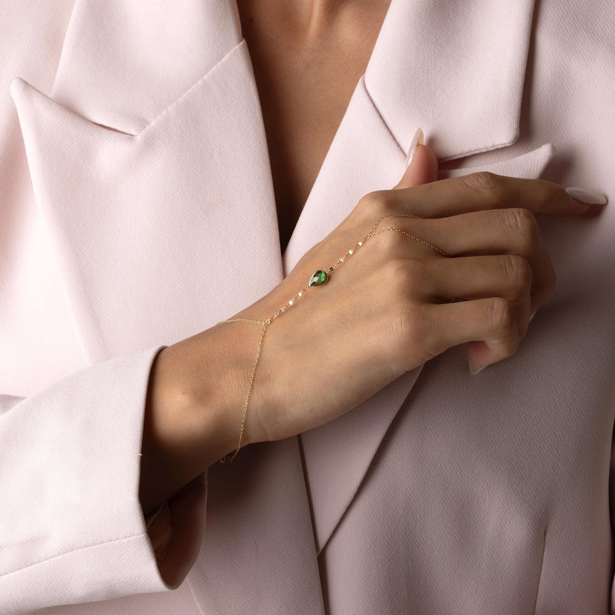 14K Solid Gold Multicolor Hand Chain Bracelet - Red Green Blue Gemstone Jewelry