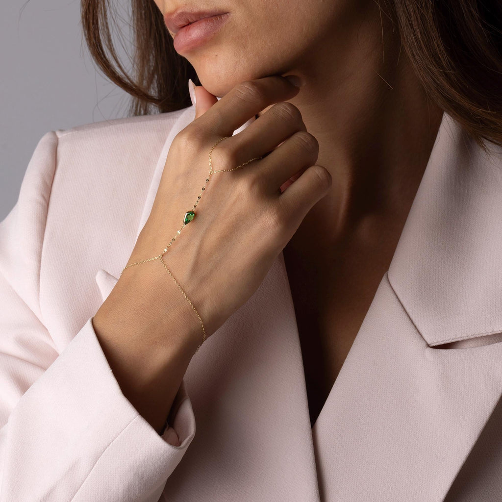 14K Solid Gold Multicolor Hand Chain Bracelet - Red Green Blue Gemstone Jewelry