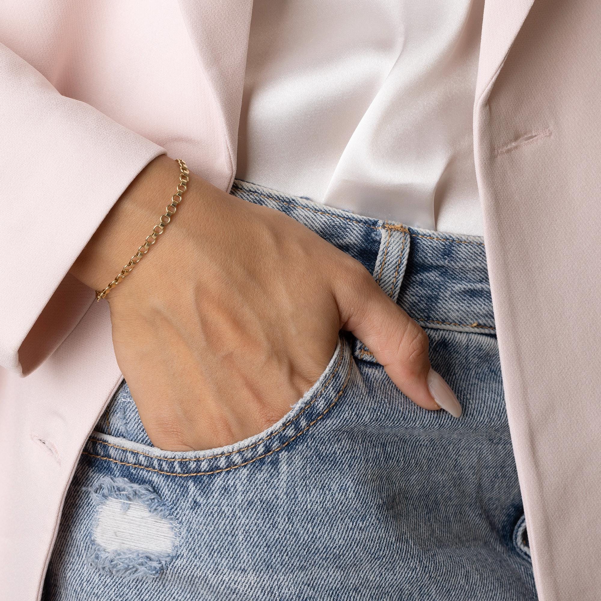 14K Solid Gold Box Chain Bracelet - Real Gold Minimalist Jewelry