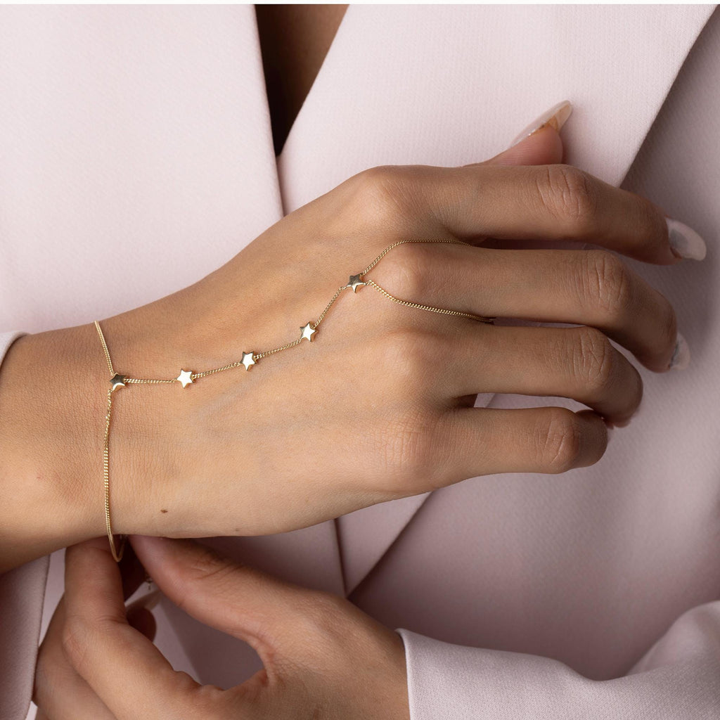 14K Solid Gold Star Hand Chain Bracelet - Luxury Hand Jewelry