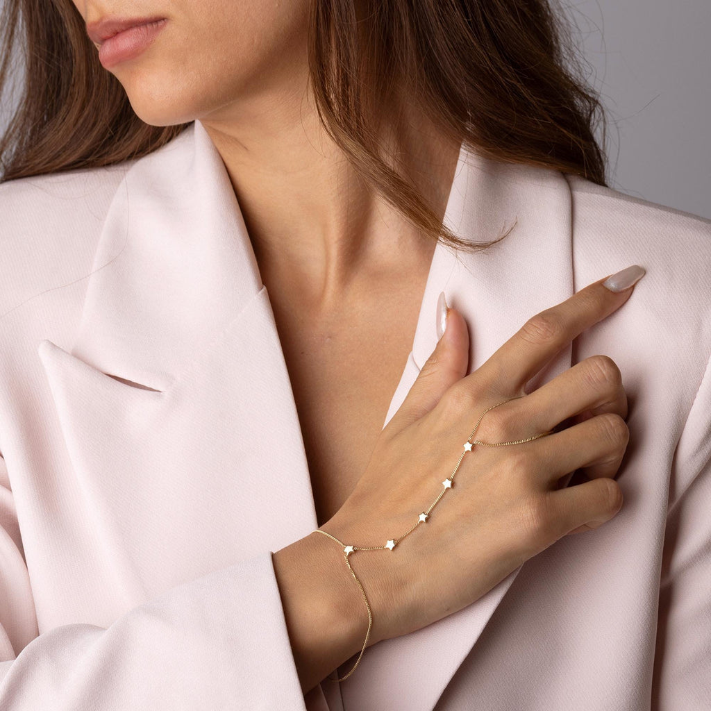 14K Solid Gold Star Hand Chain Bracelet - Luxury Hand Jewelry