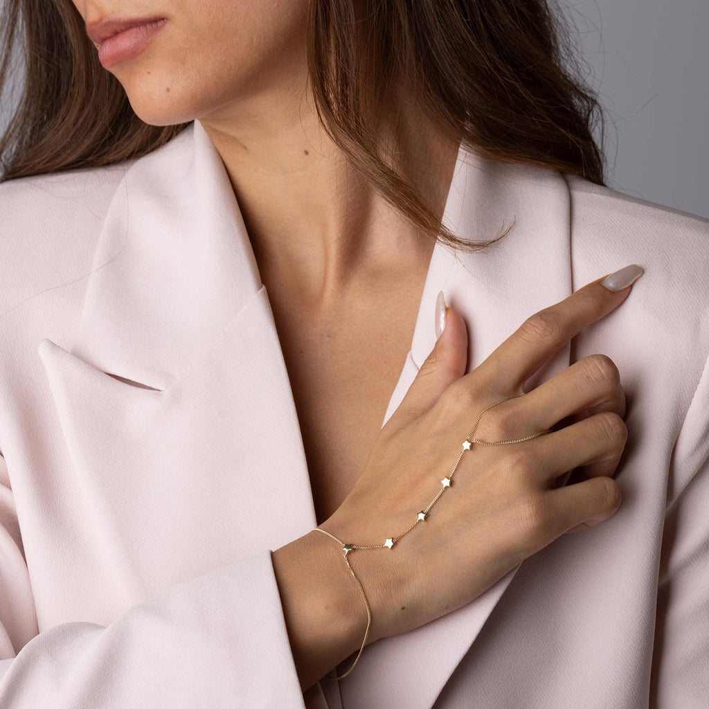 14K Solid Gold Star Hand Chain Bracelet - Luxury Hand Jewelry