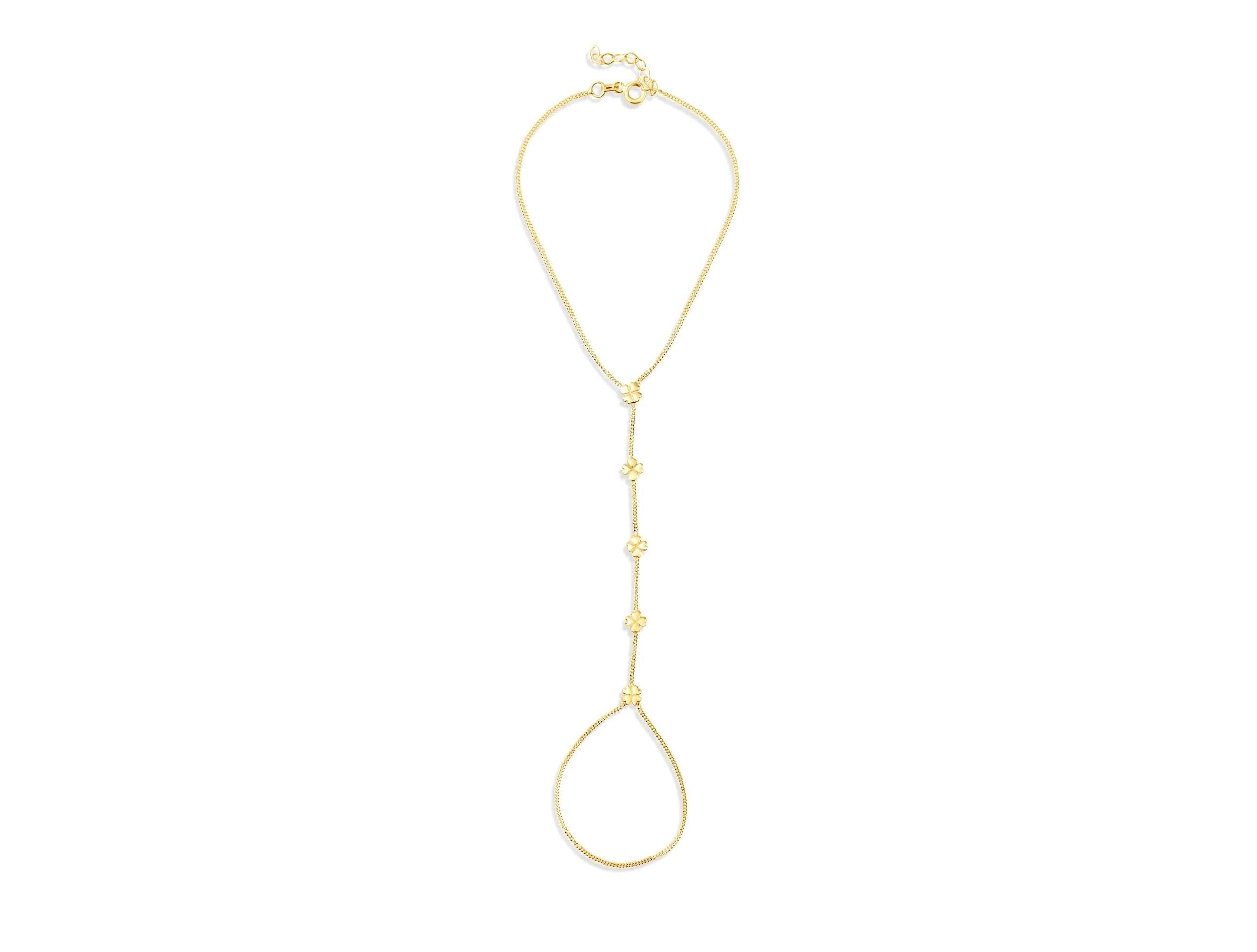 14K Solid Gold Clover Hand Chain Bracele - Real Gold Four Leaf Jewelry