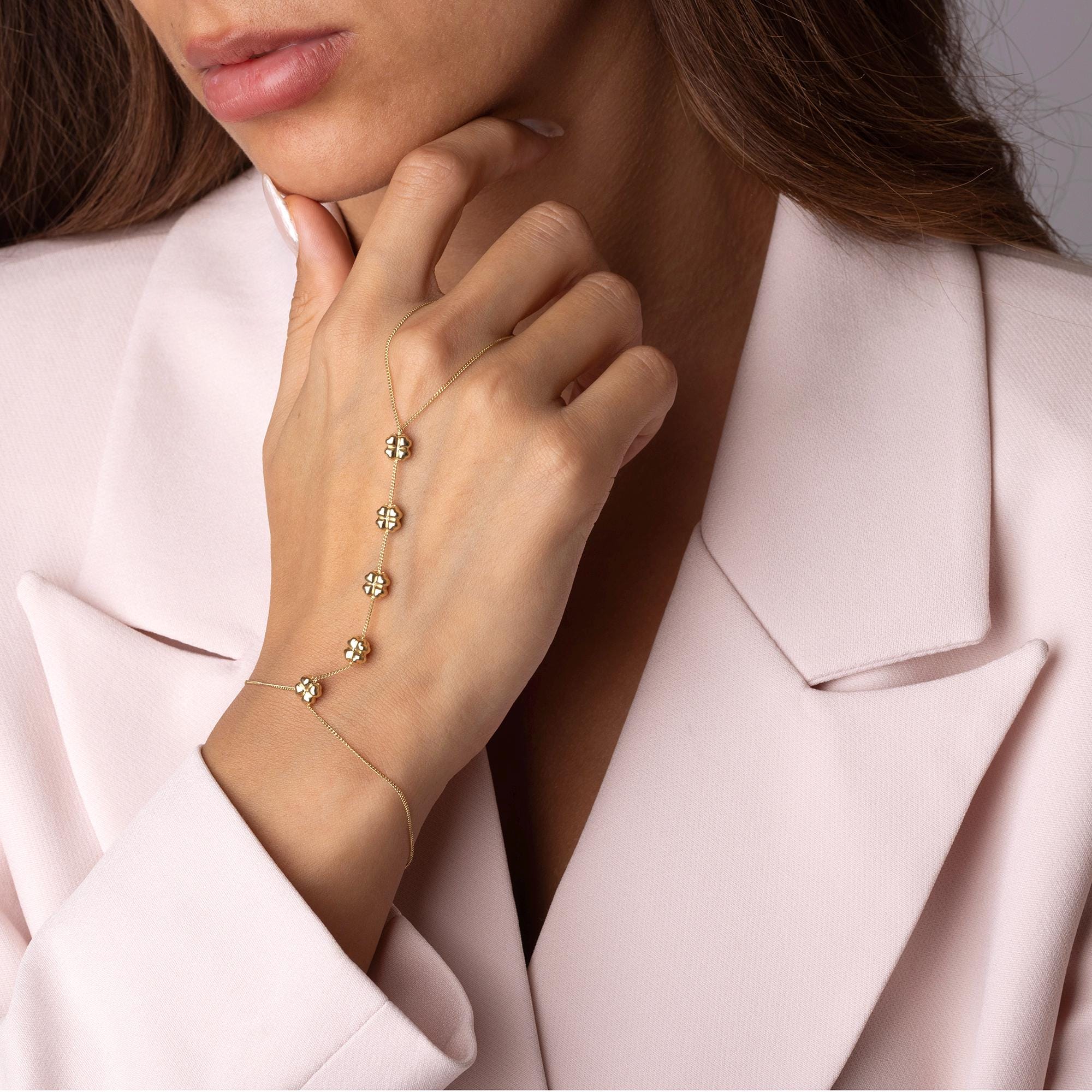 14K Solid Gold Clover Hand Chain Bracele - Real Gold Four Leaf Jewelry