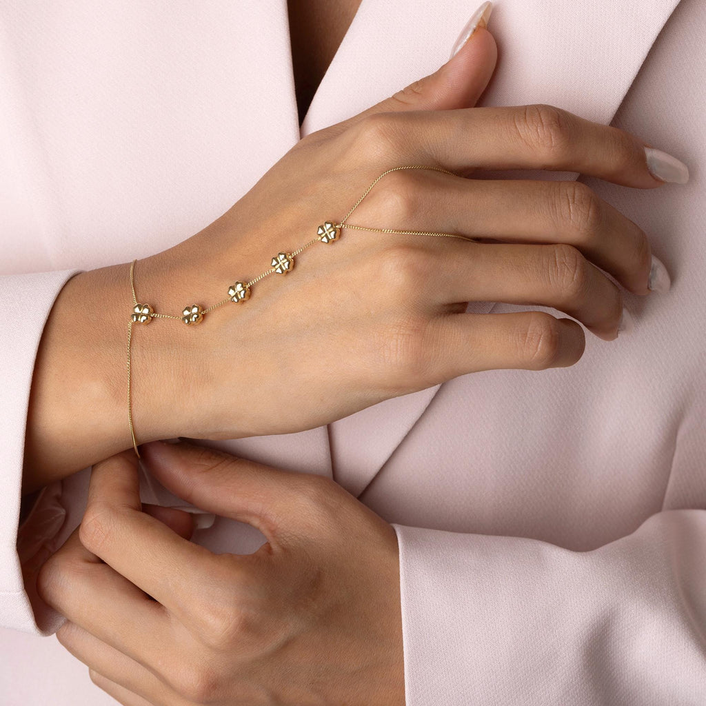 14K Solid Gold Clover Hand Chain Bracele - Real Gold Four Leaf Jewelry