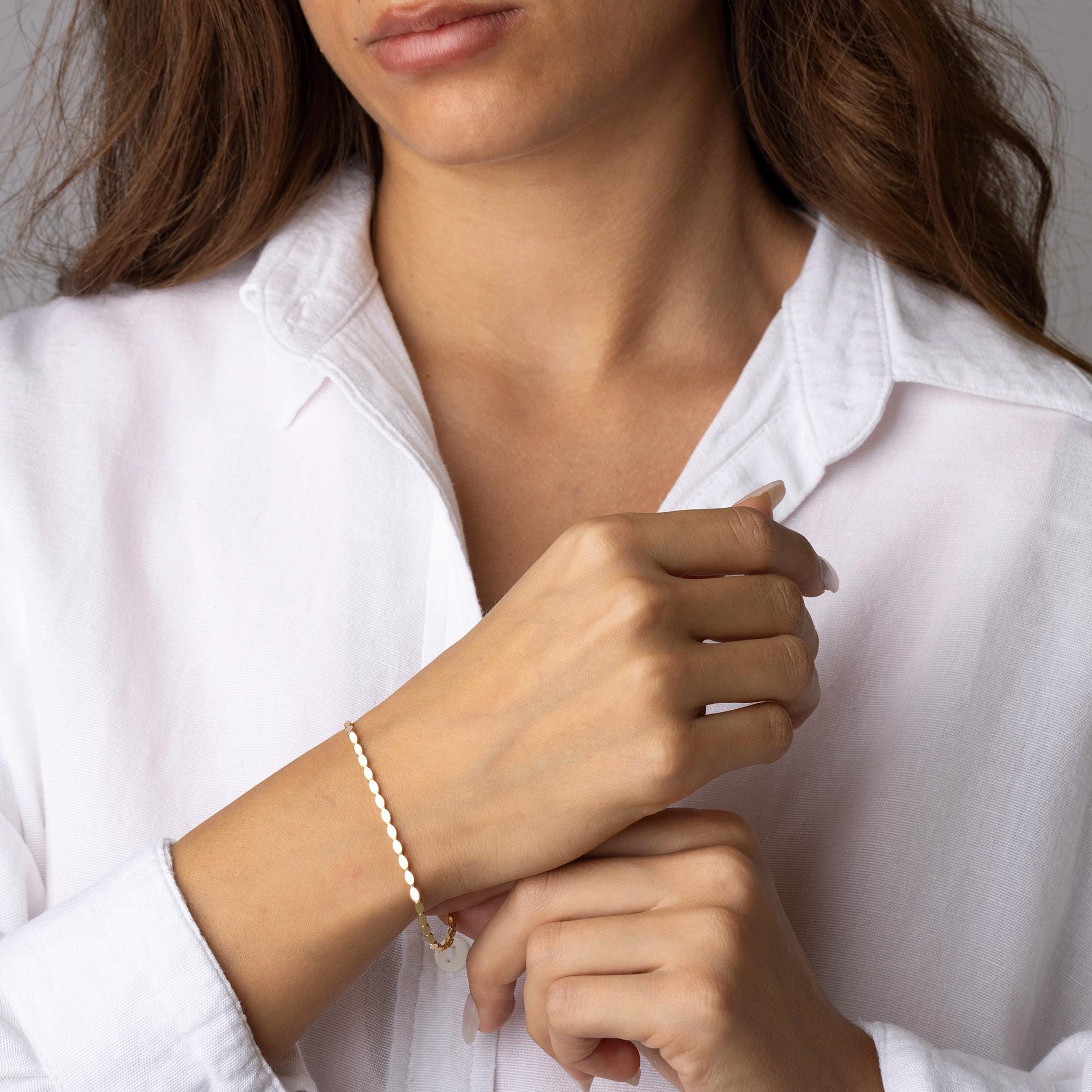 14K Solid Gold Beaded Bracelet - Dainty Minimalist Gold Chain