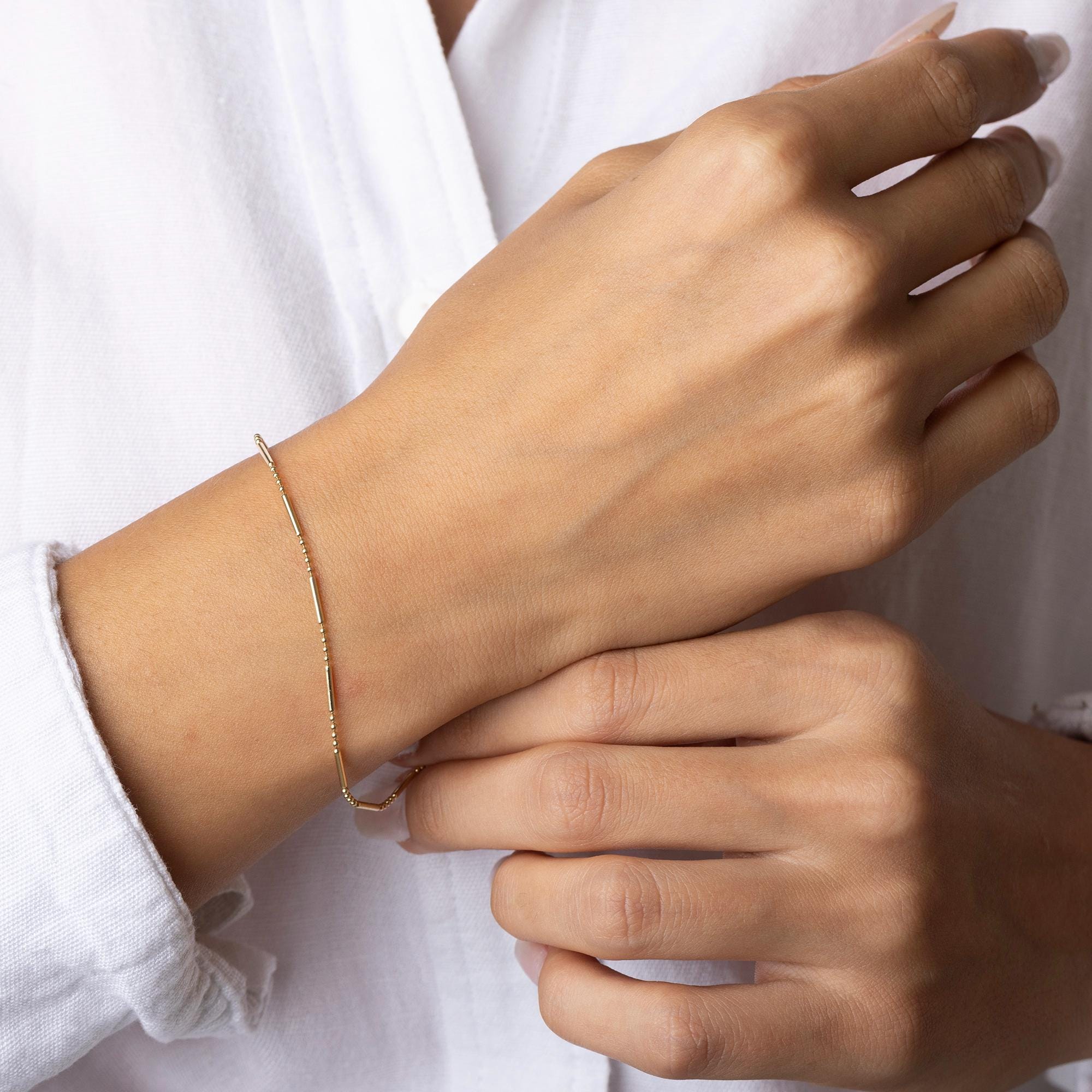 14K Solid Gold Thin Beaded Bar Bracelet – Minimalist Dainty Jewelry