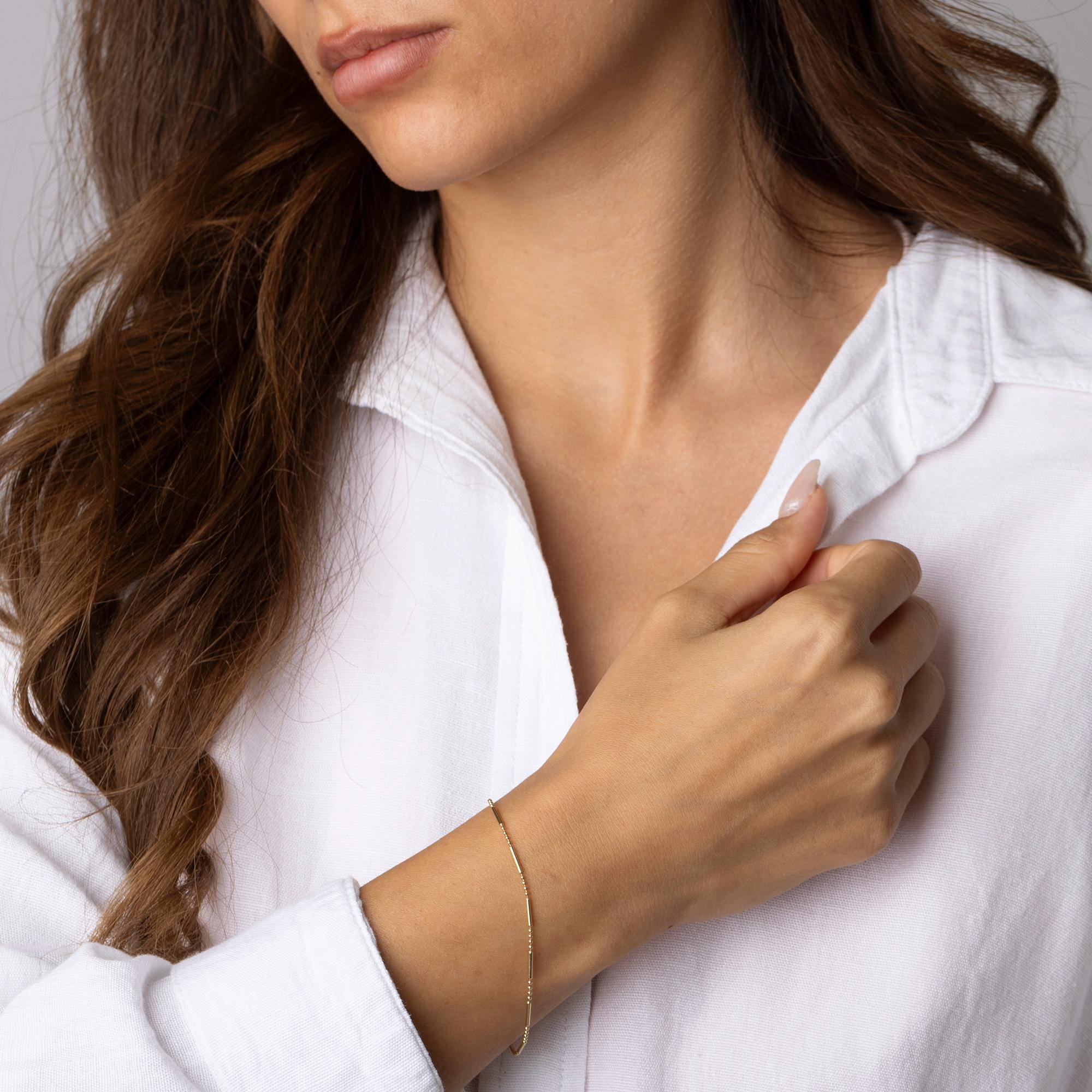 14K Solid Gold Thin Beaded Bar Bracelet – Minimalist Dainty Jewelry