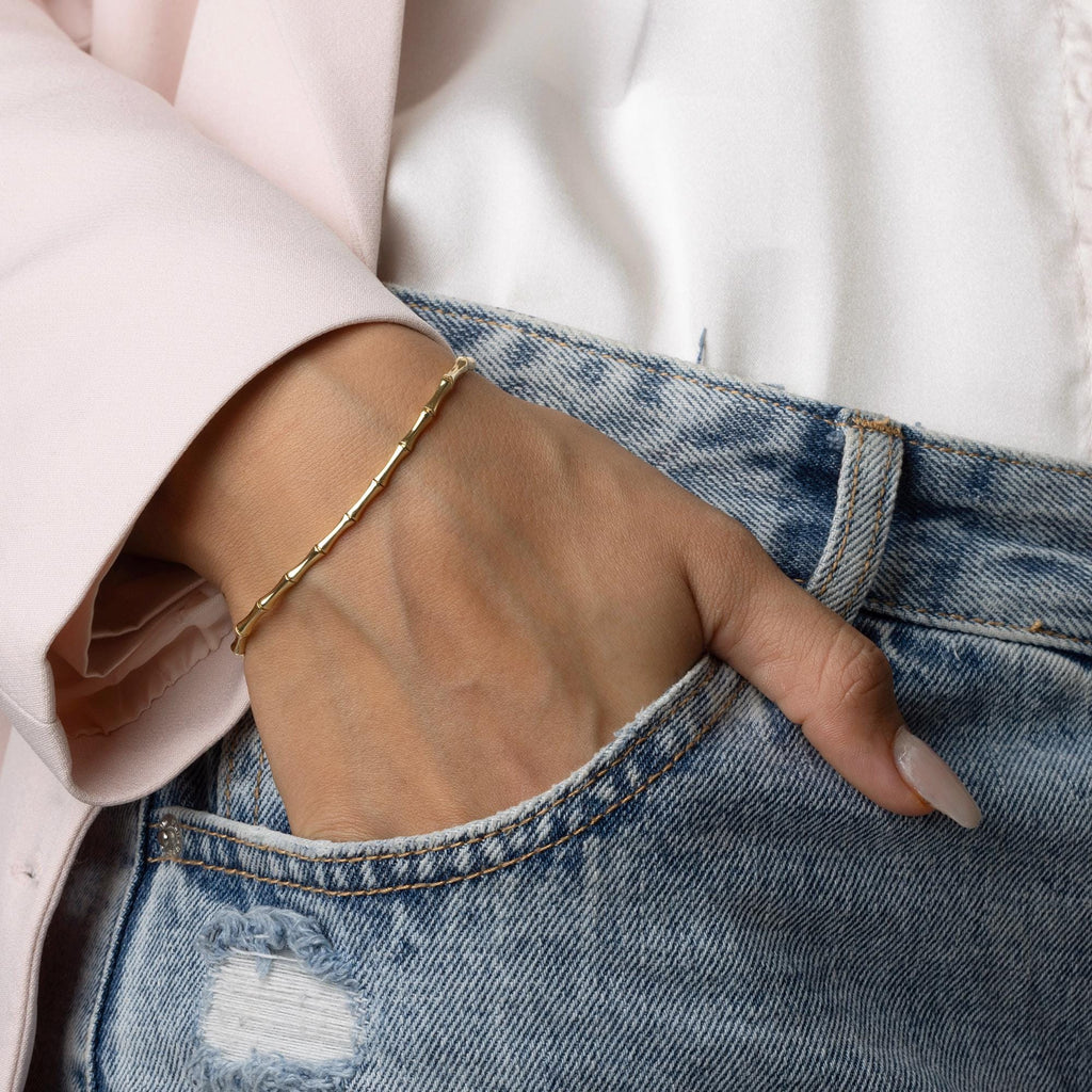 14K Solid Gold Bamboo Bracelet – Unique Textured Real Gold Jewelry