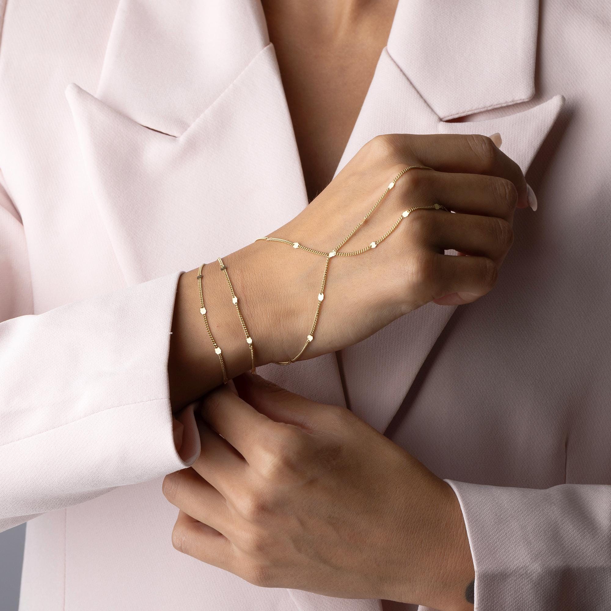 14K Solid Gold Hand Chain Bracelet – Elegant Minimalist Slave Chain