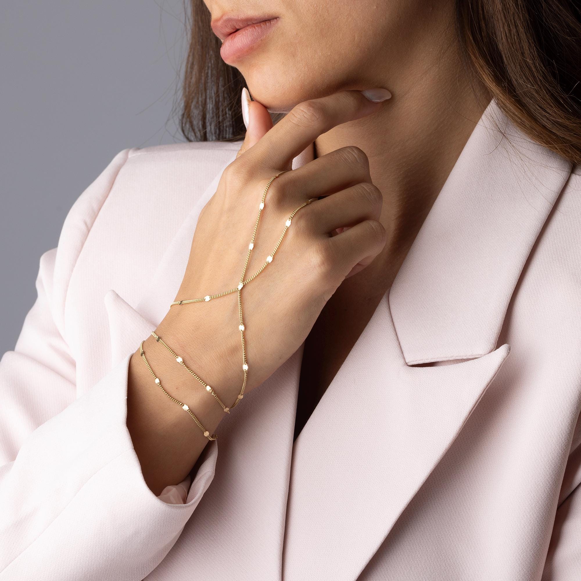 14K Solid Gold Hand Chain Bracelet – Elegant Minimalist Slave Chain