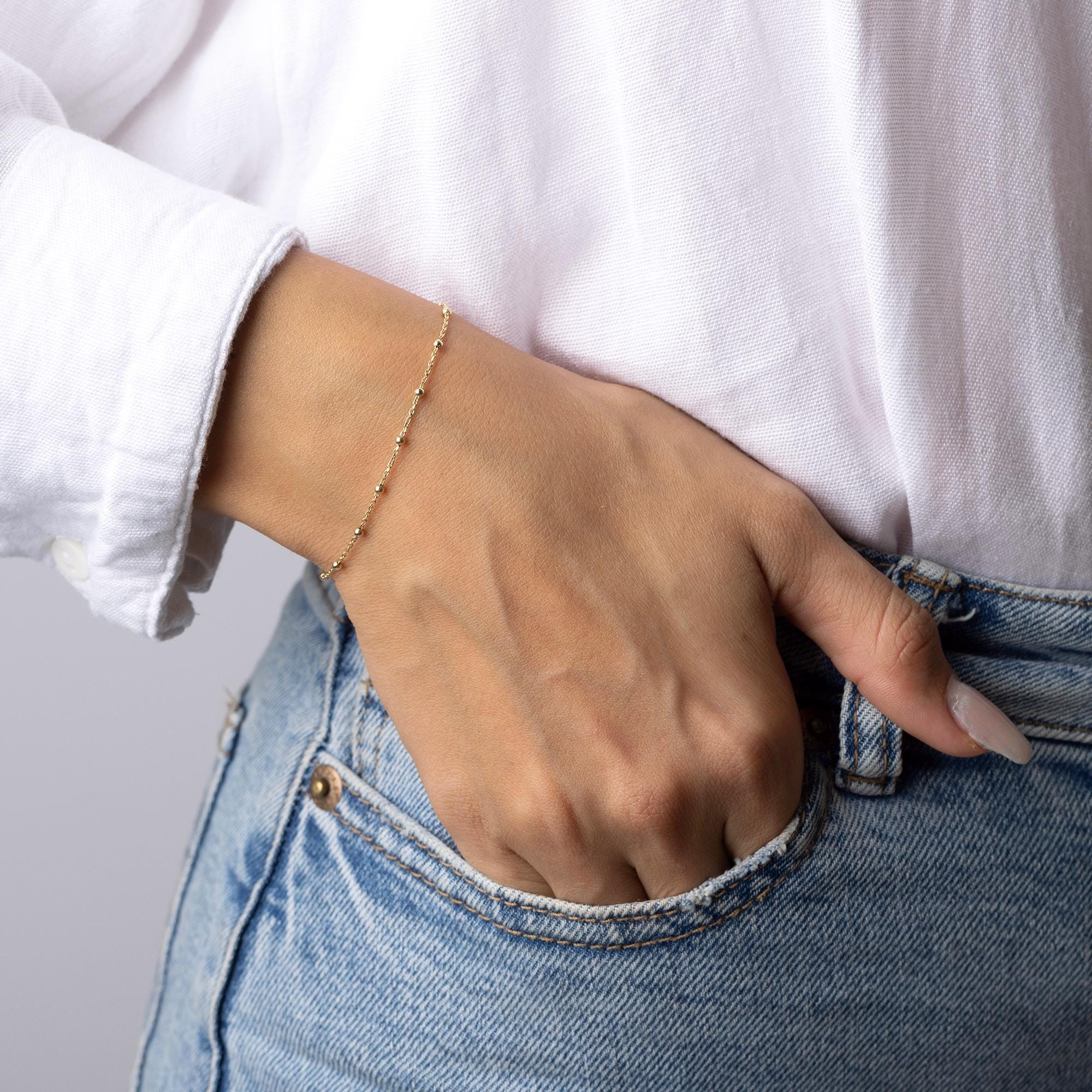 14K Solid Gold Beaded Chain Bracelet – Dainty Real Gold Jewelry