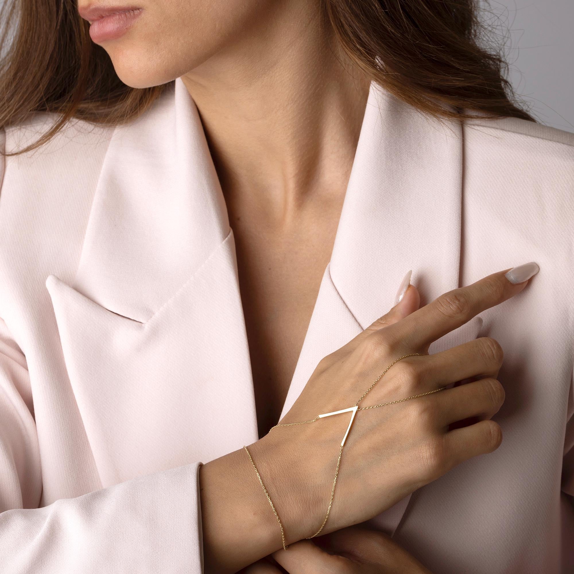 14K Solid Gold Hand Chain Bracelet - Dainty Geometric Bar Slave Bracelet