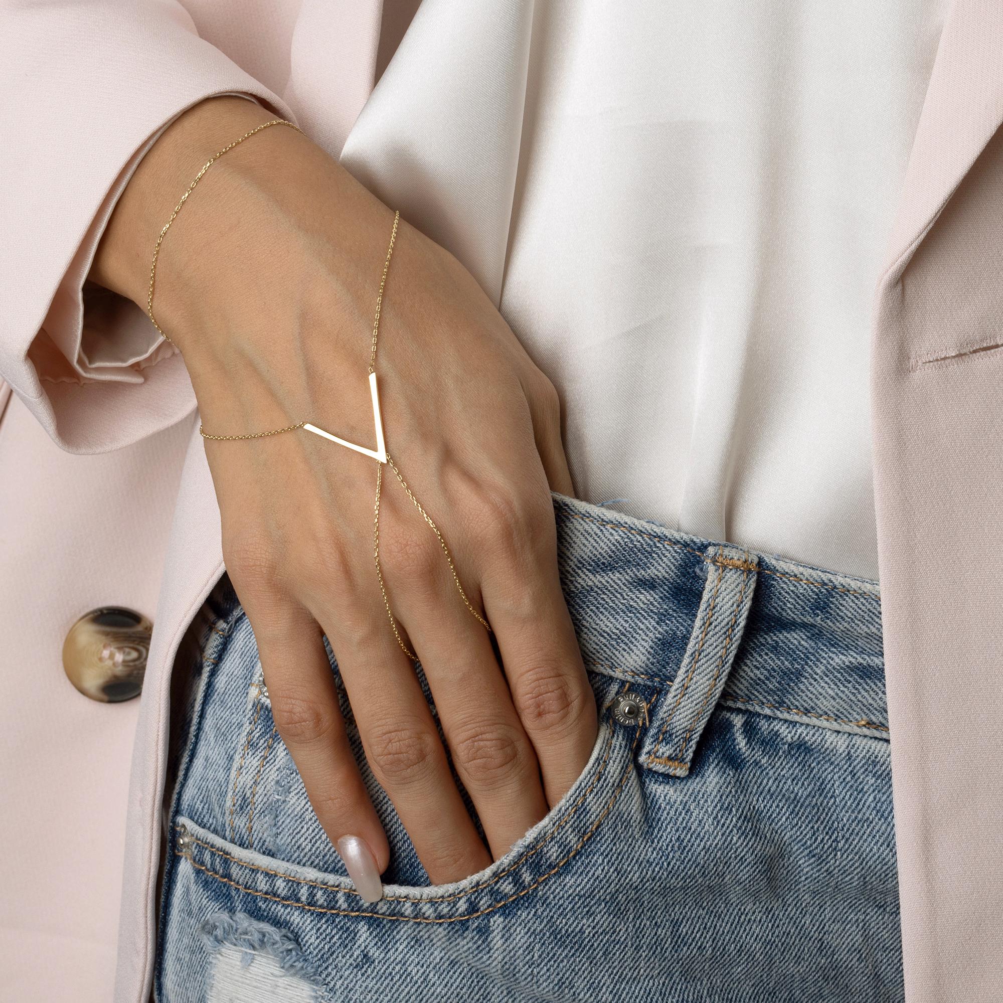 14K Solid Gold Hand Chain Bracelet - Dainty Geometric Bar Slave Bracelet