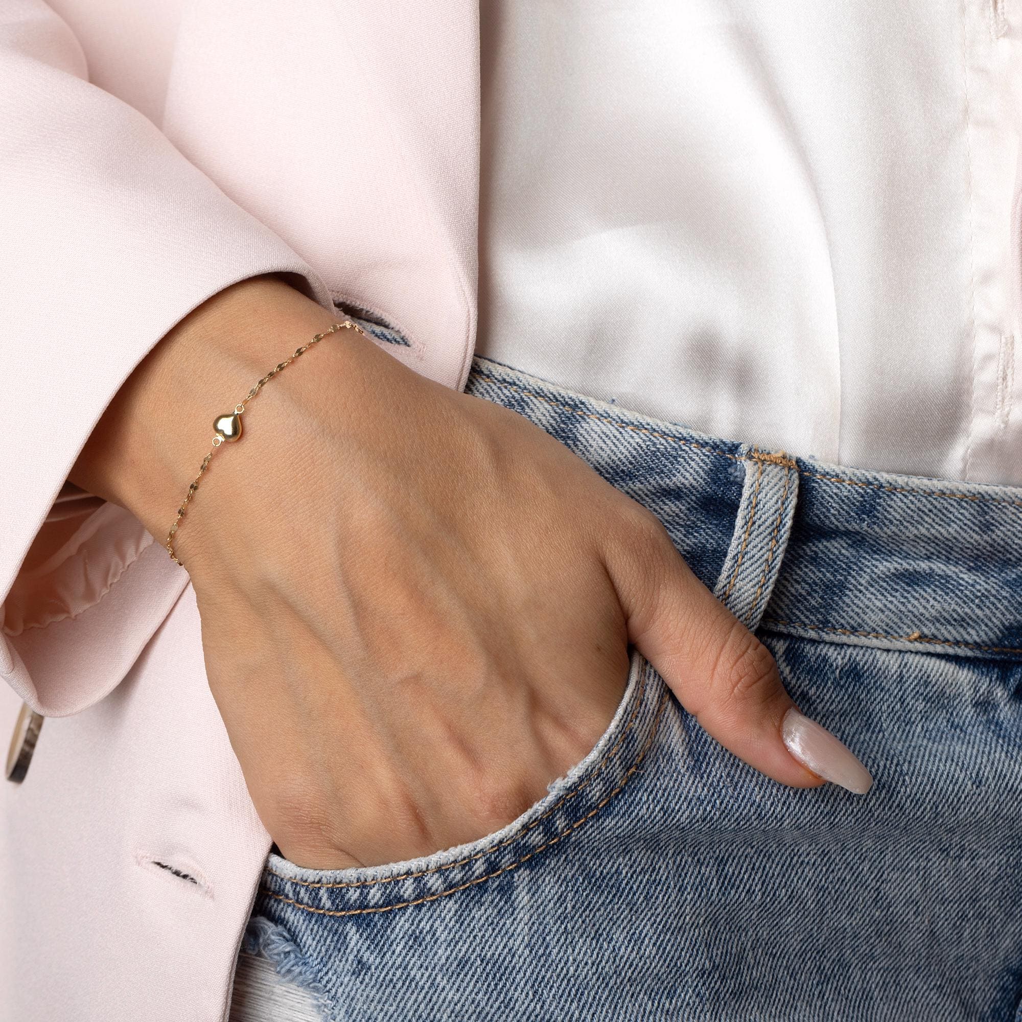 14K Solid Gold Heart Bracelet - Dainty Minimalist Chain