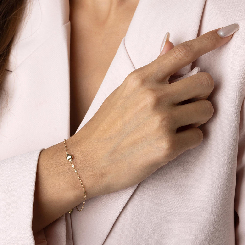 14K Solid Gold Heart Bracelet - Dainty Minimalist Chain