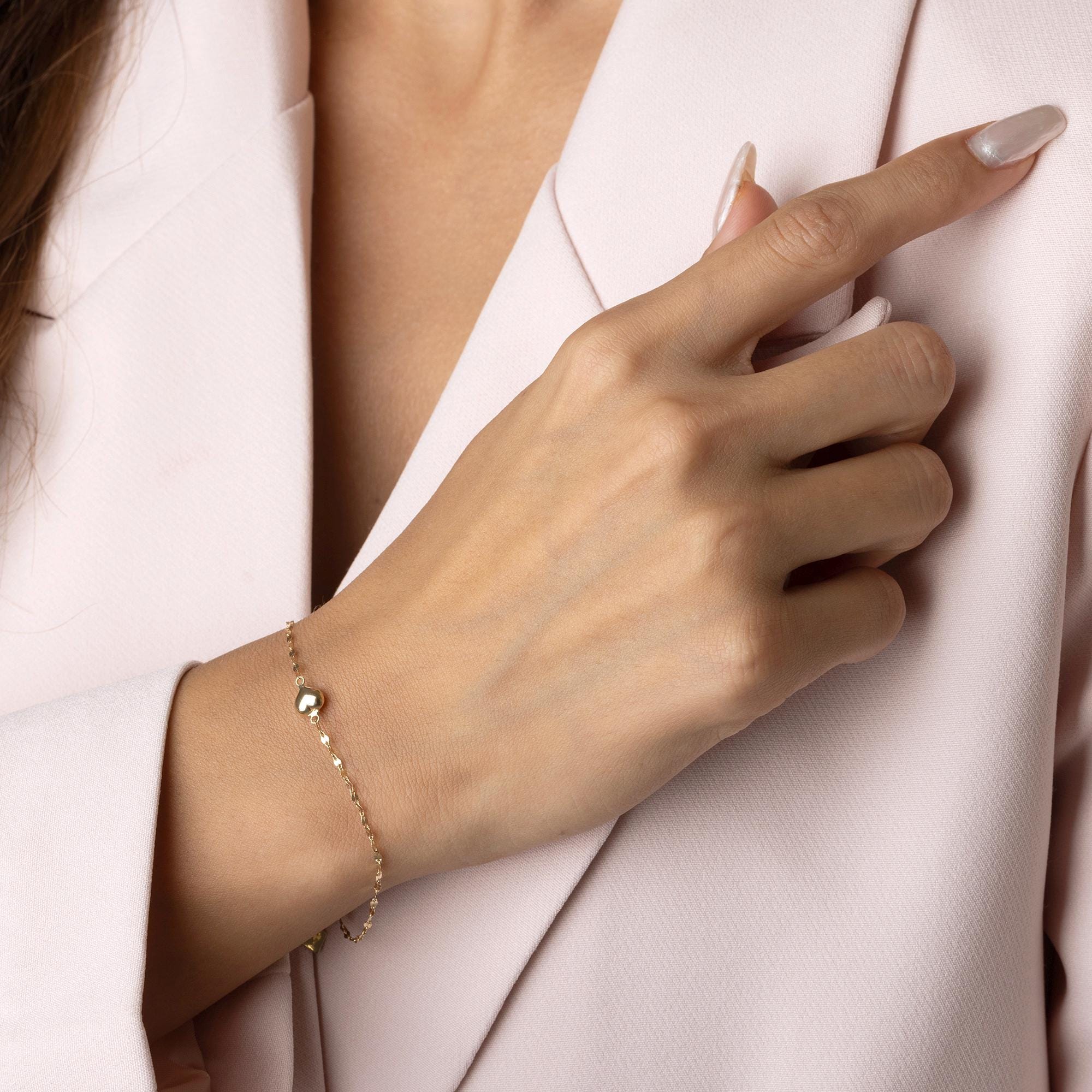 14K Solid Gold Heart Bracelet - Dainty Minimalist Chain