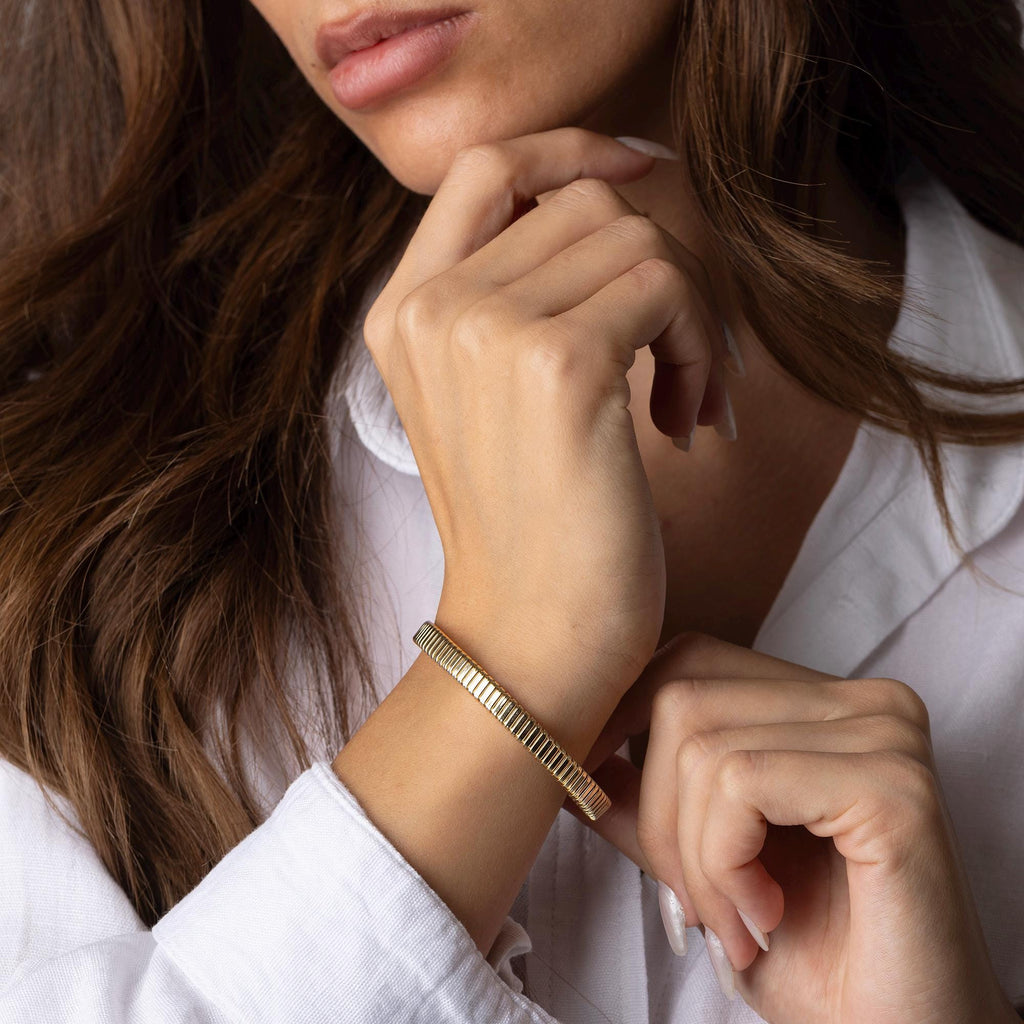 14K Solid Gold Ribbed Bangle Bracelet, Textured Gold Cuff, Real Gold Jewelry