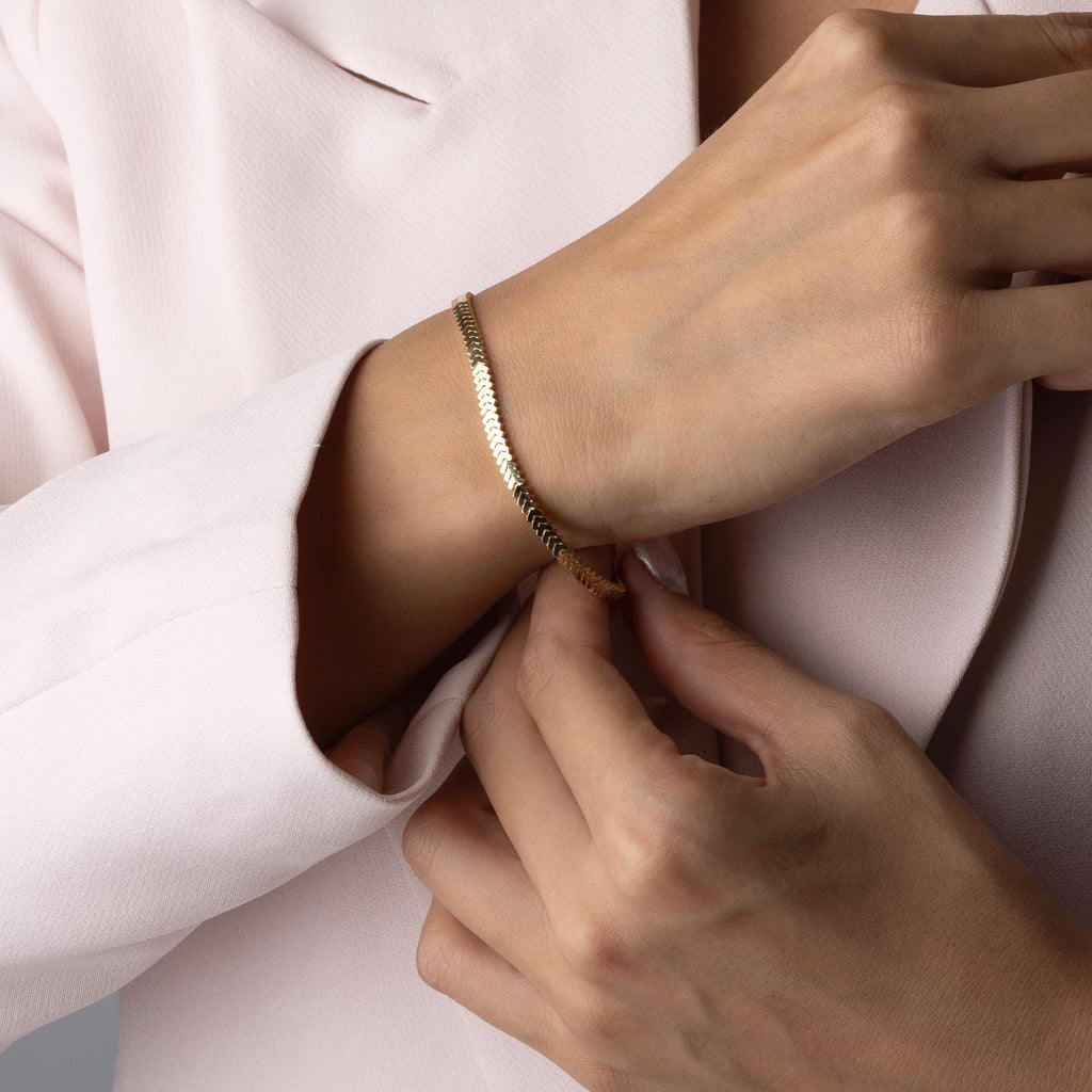 14K Solid Gold Herringbone Bracelet - Flat Gold Chain