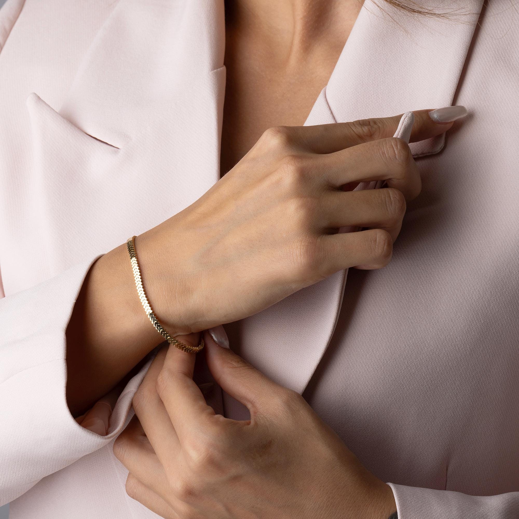 14K Solid Gold Herringbone Bracelet - Flat Gold Chain