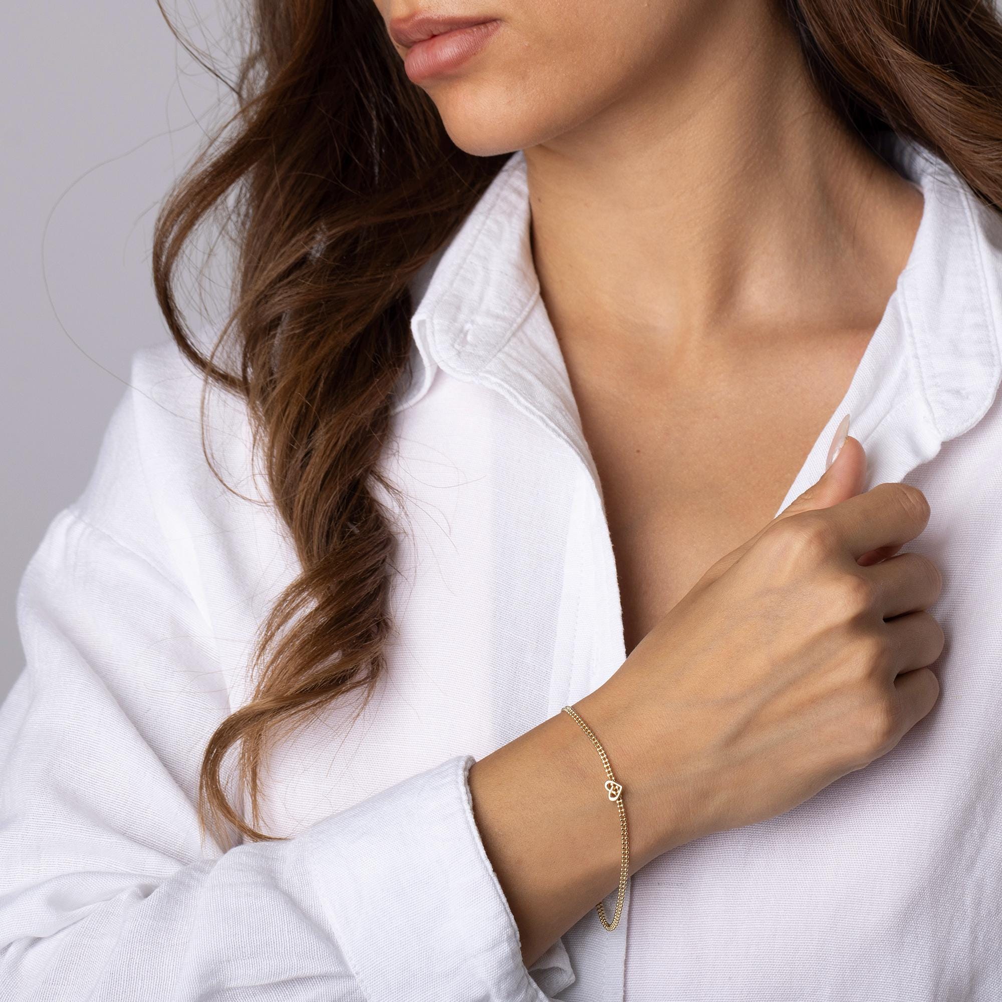 14K Solid Gold Heart Bracelet - Real Gold Love Charm Bracelet