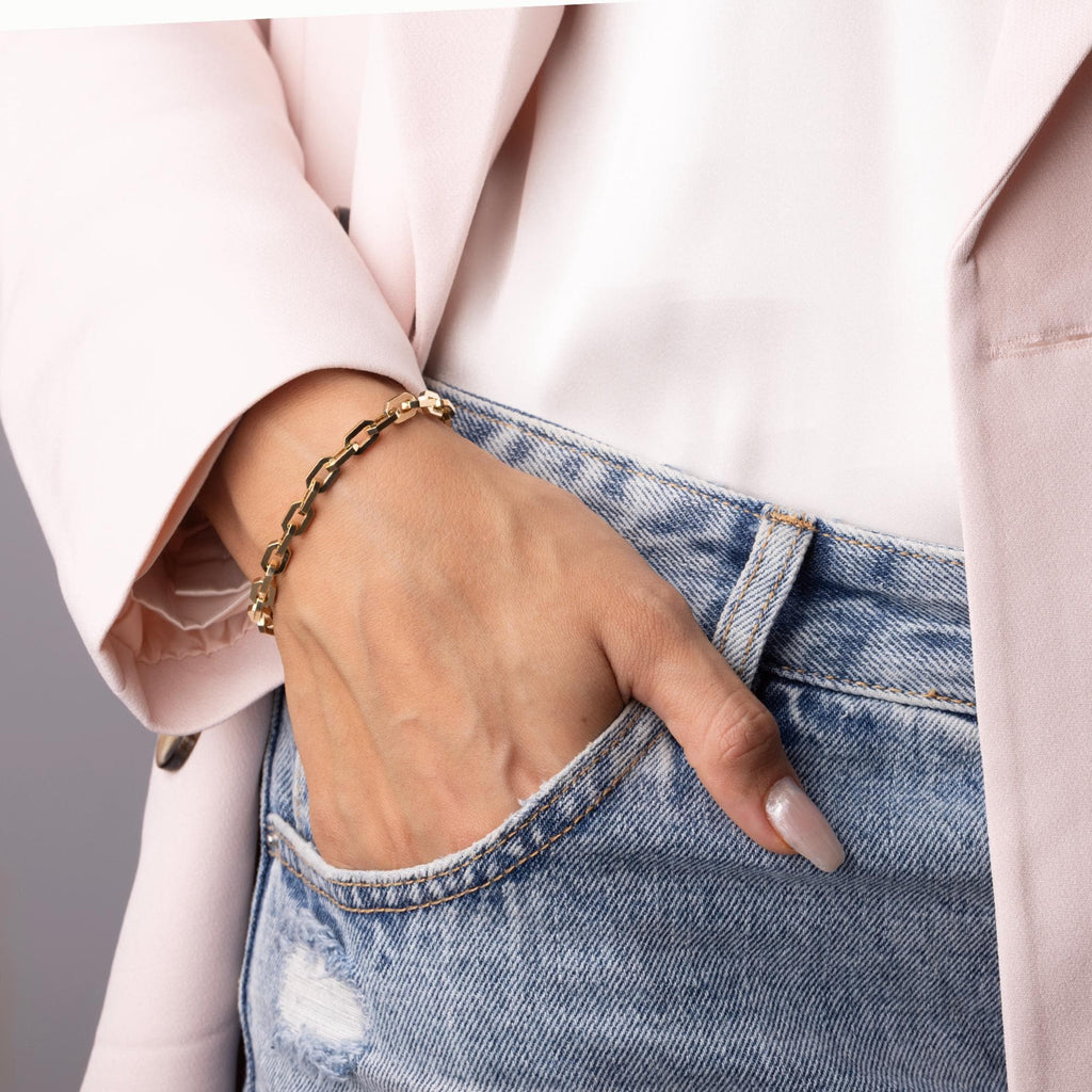 14K Solid Gold Bold Link Bracelet – Rectangular Chain Real Gold Jewelry