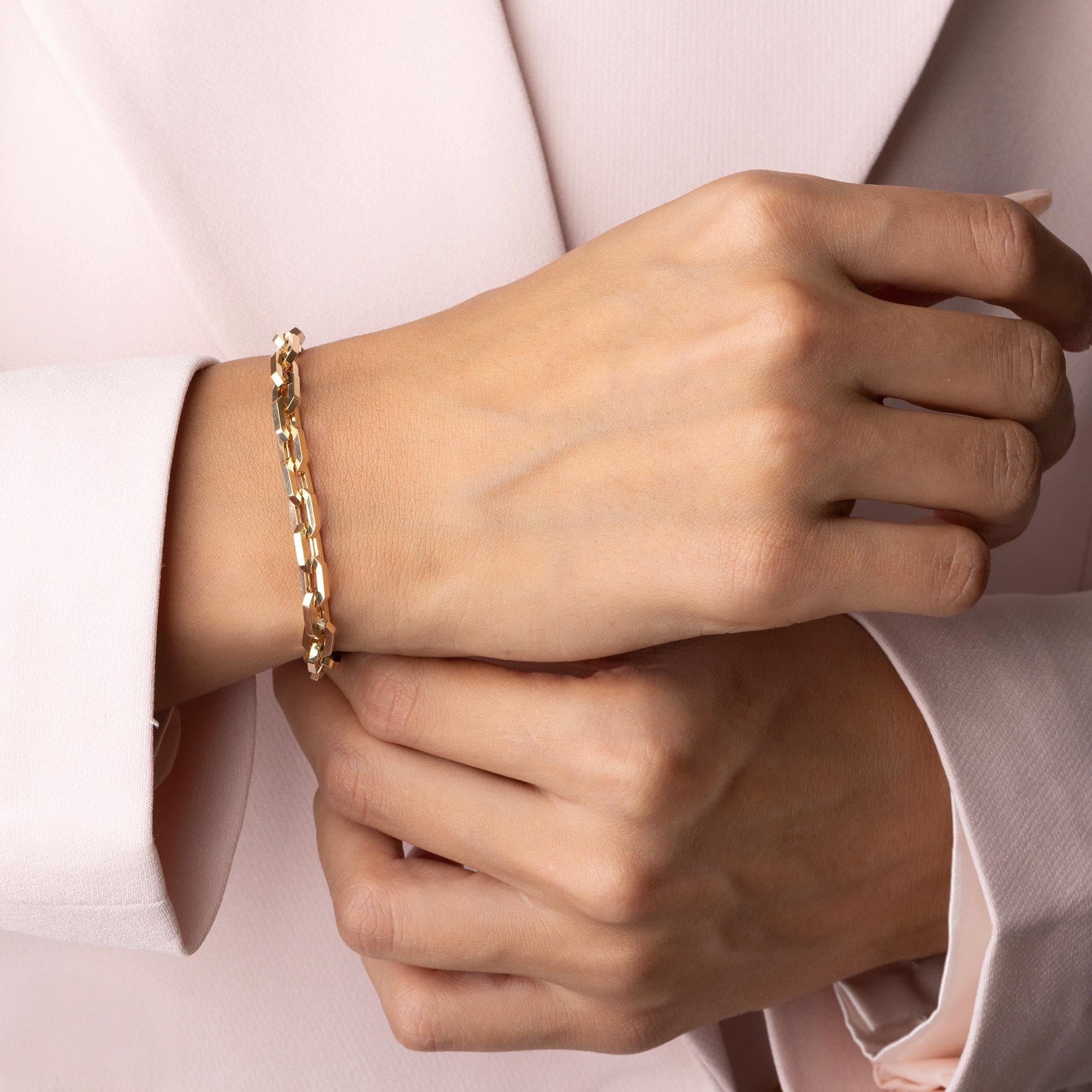 14K Solid Gold Bold Link Bracelet – Rectangular Chain Real Gold Jewelry