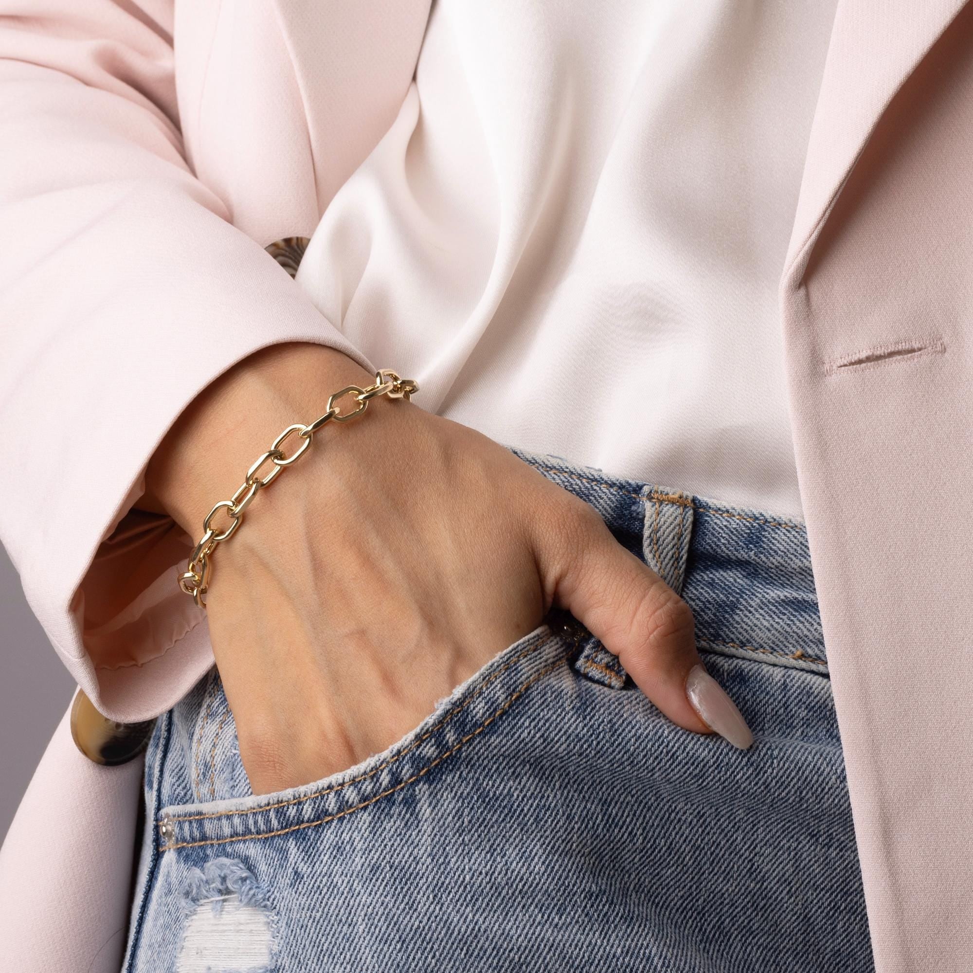 14K Solid Gold Oversized Paperclip Bracelet – Bold Chunky Link Real Gold Jewelry, Modern Statement Chain Bracelet for Women