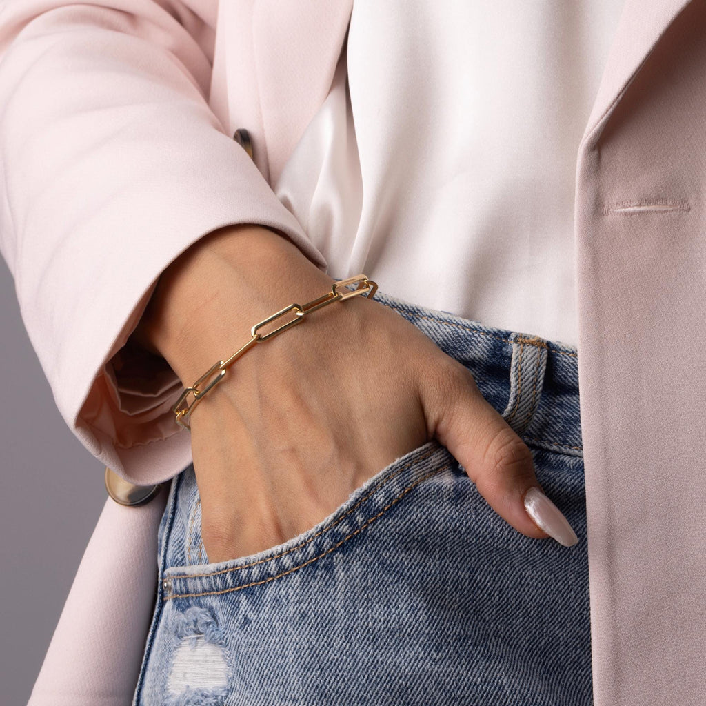 14K Solid Gold Large Paperclip Bracelet – Bold Rectangular Link Real Gold Jewelry