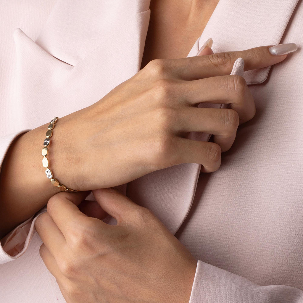 14K Solid Gold Two-Tone Bracelet – Elegant Real Gold Jewelry with White Gold Accents, Minimalist Bracelet for Women, Everyday Gift